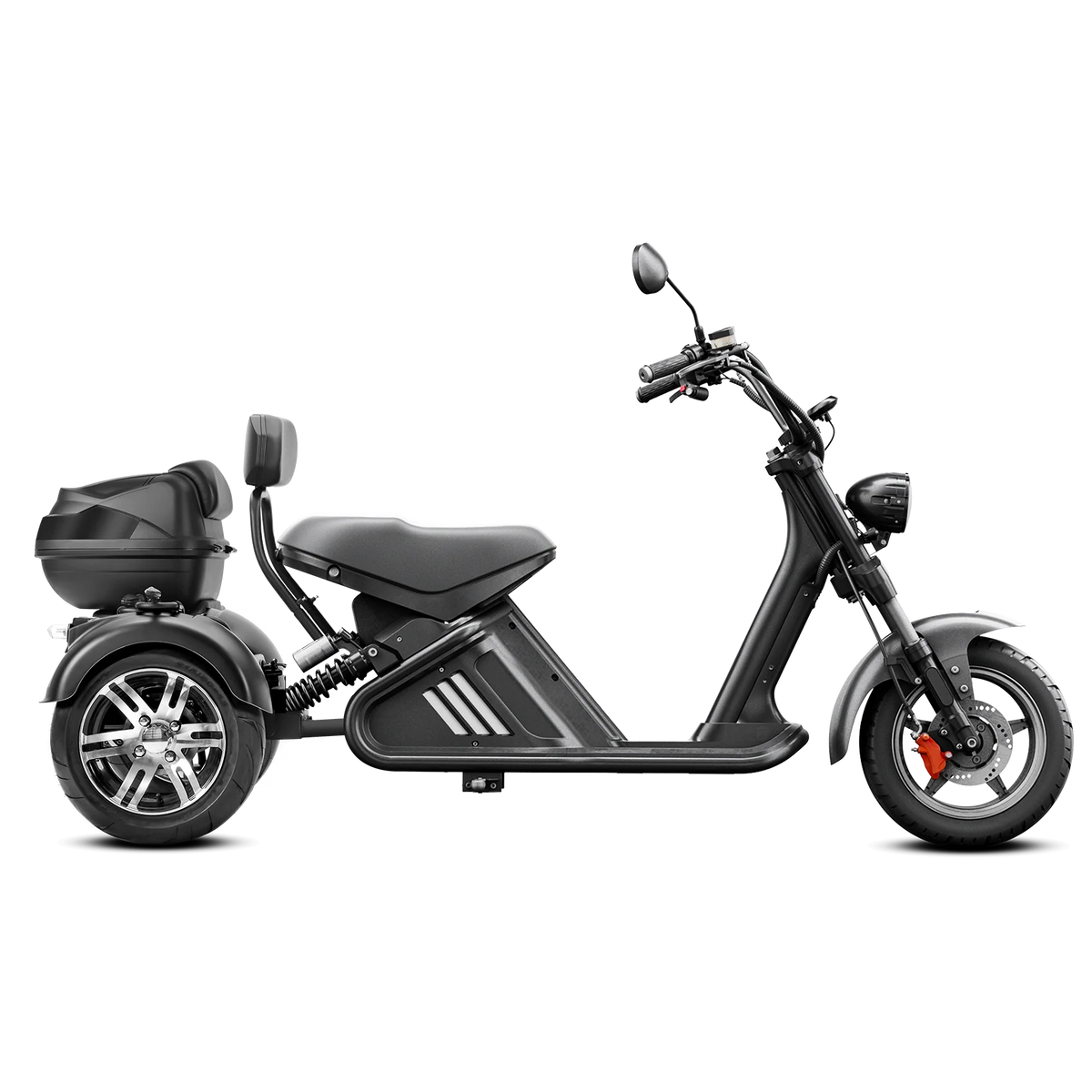 Ein schwarzes „Mangosteen M2-3 Wheel Trike E-Chopper-Trike“ von Mangosteen, ausgestattet mit großen Reifen, Spiegeln, einem Scheinwerfer und einem Staufach am Heck, wird im Profil vor einem schlichten weißen Hintergrund gezeigt. Dieses Elektro-Trike mit einem 40-Ah-Akku und einer Höchstgeschwindigkeit von bis zu 45 km/h vereint Stil und Komfort für bequemes Pendeln in der Stadt.