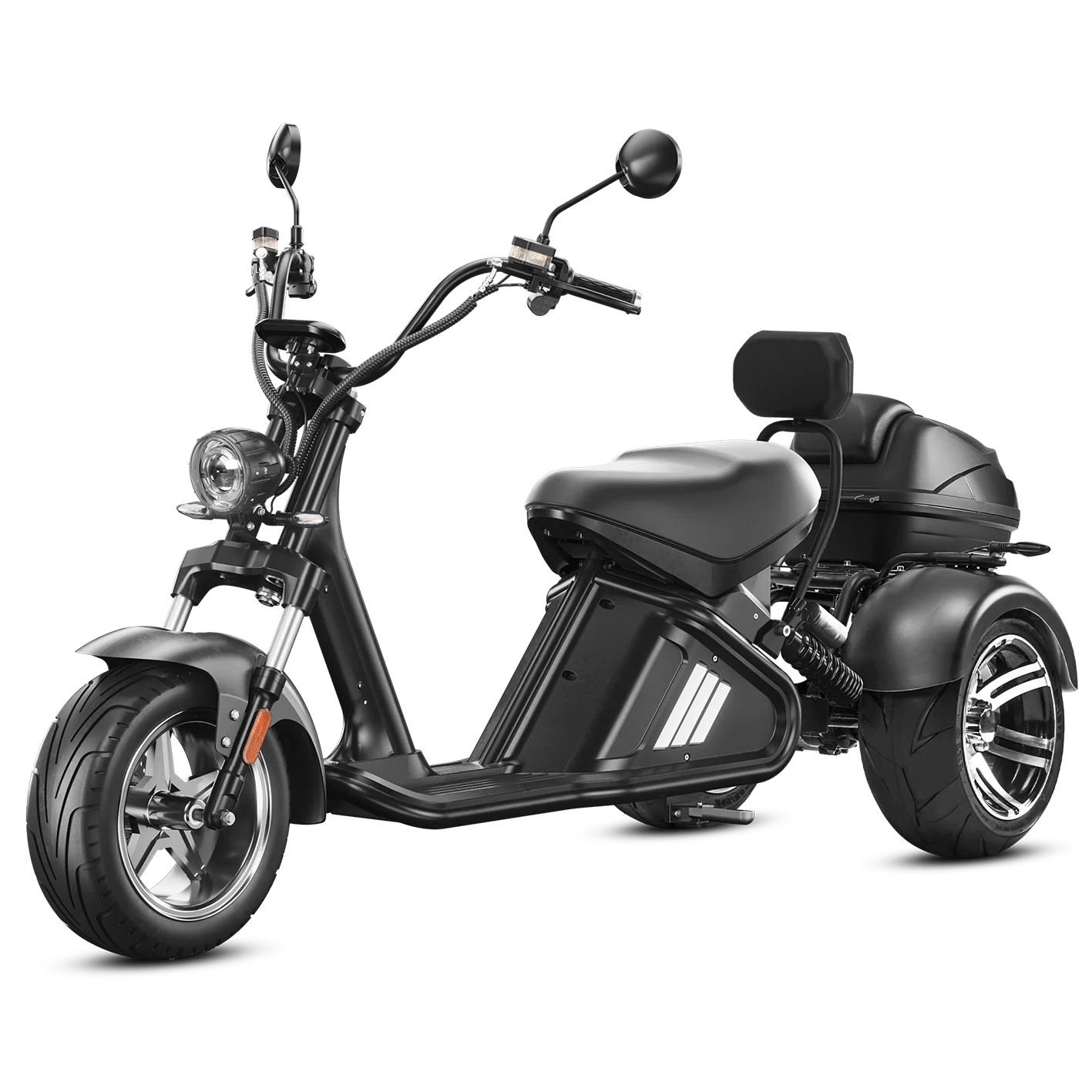 Ein stilvolles, schwarzes „Mangosteen M2-3 Wheel Trike E-Chopper-Trike“ von Mangosteen mit einem 40-Ah-Akku, großen Reifen, einem bequemen Sitz und einem Staufach am Heck, das Geschwindigkeiten von bis zu 45 km/h erreicht, ist von vorne vor einem schlichten weißen Hintergrund abgebildet.