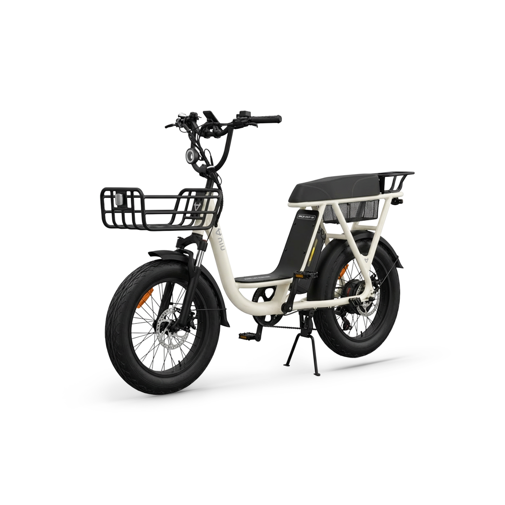 Das NIU BQi Utility 200 E-Lastenrad von NIU verfügt über einen Tiefrahmen, Gepäckträger vorne und hinten, breite Reifen, eine Tretunterstützung, einen herausnehmbaren Akku mit einer Reichweite von bis zu 95 km sowie einen Ständer. Es ist auf weißem Hintergrund abgebildet.