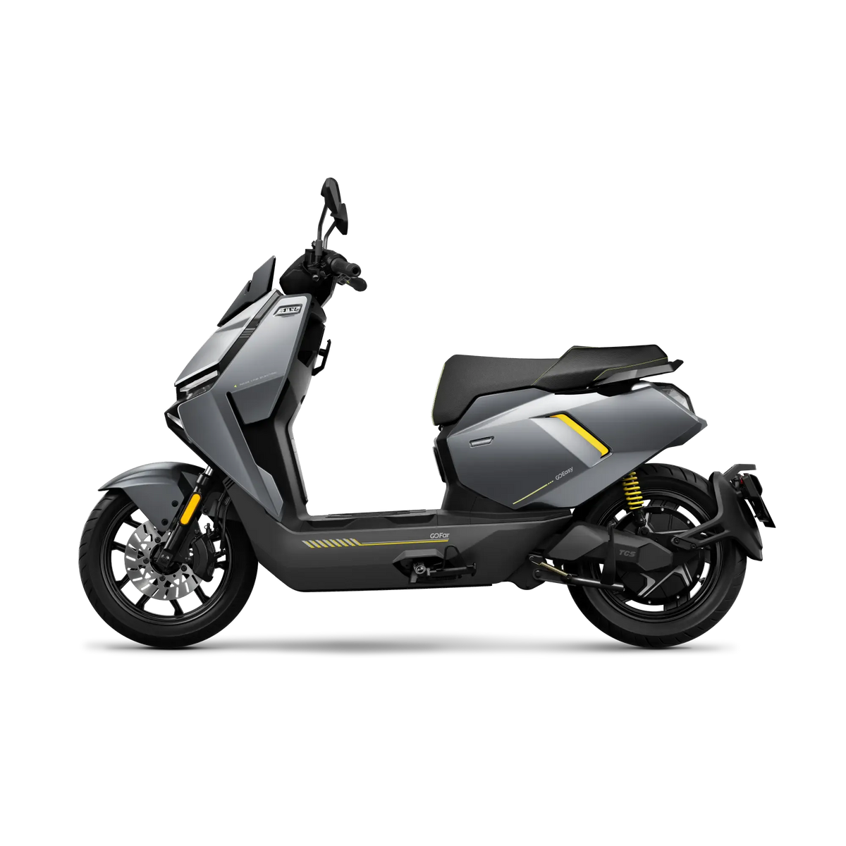 Der NIU FQiX 150 Elektroroller von NIU ist ein eleganter, moderner grauer E-Scooter mit gelben Akzenten, zwei Akkus, markanten Kanten, einem bequemen Sitz, großen schwarzen Rädern, Navigationssystem und Heckradar. Abgebildet im Seitenprofil auf weißem Hintergrund; Höchstgeschwindigkeit: 45 km/h.