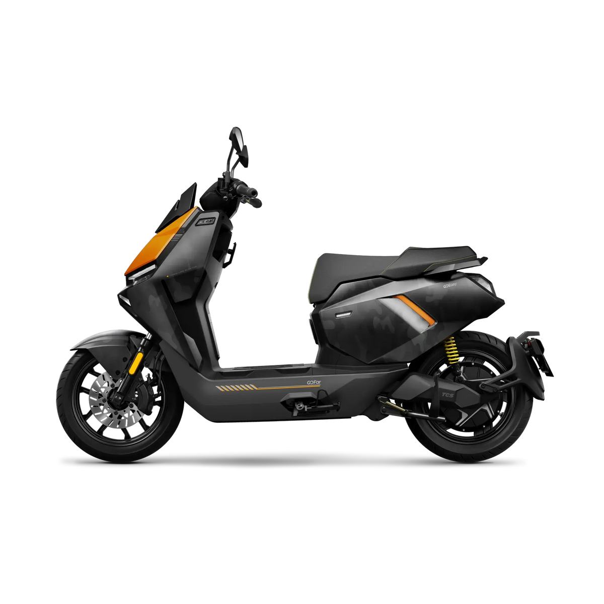 Der NIU FQiX 150 Elektroroller in elegantem Schwarz und Orange mit gelber Hinterradaufhängung, markanten Linien und digitalem Display verfügt über ein Navigationssystem, ein Heckradar sowie ein Dual-Akku-System für zusätzliche Reichweite und erreicht Geschwindigkeiten von bis zu 45 km/h. Im Profil auf weißem Hintergrund abgebildet.