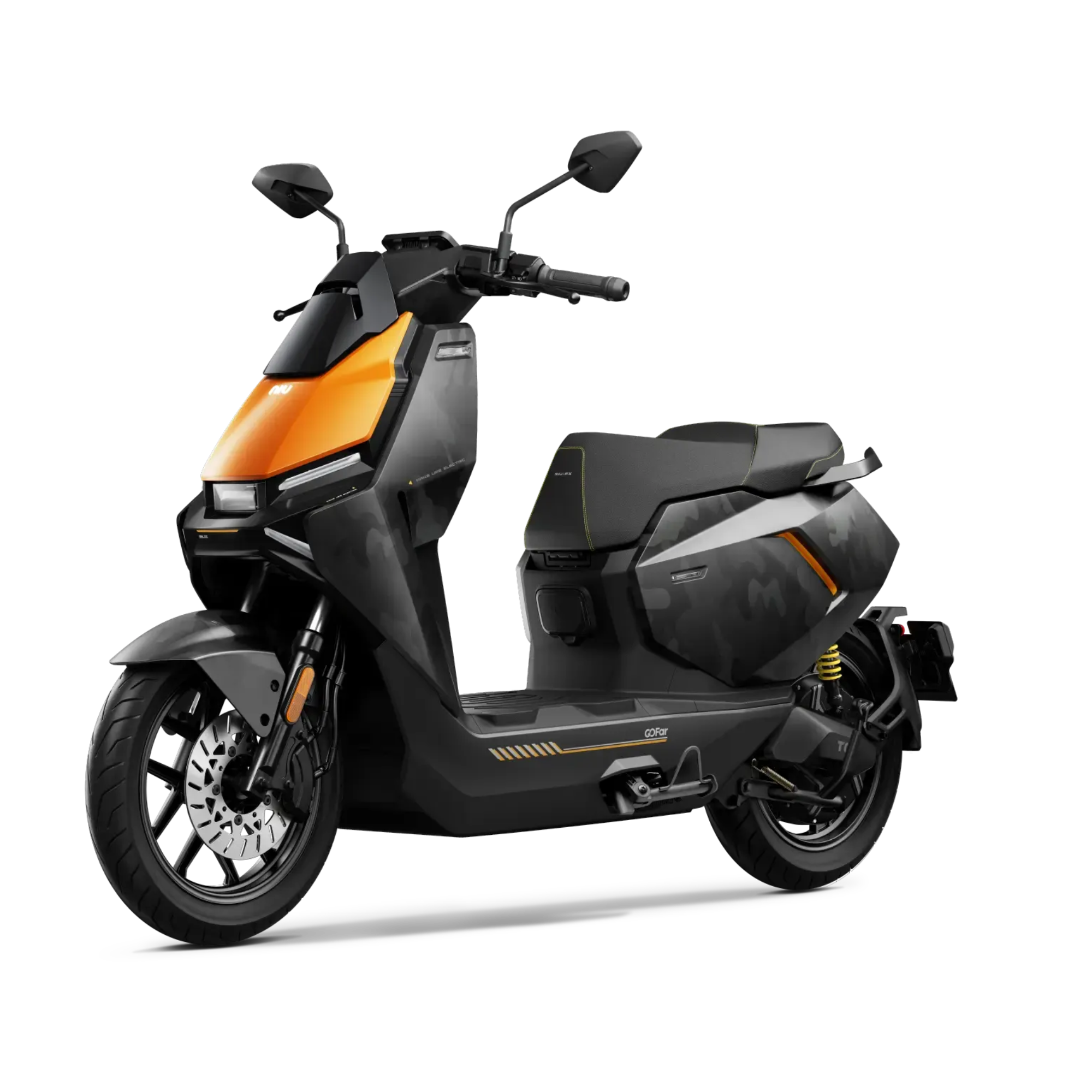 Der NIU FQiX 150 Elektroroller von NIU besticht durch ein elegantes schwarz-orangefarbenes Design mit kantigen Linien, Seitenspiegeln und einer kompakten Bauweise. Sein Doppelakku-System ermöglicht Geschwindigkeiten von bis zu 45 km/h sowie Navigation und Heckradar, dargestellt auf einem schlichten hellen Hintergrund.