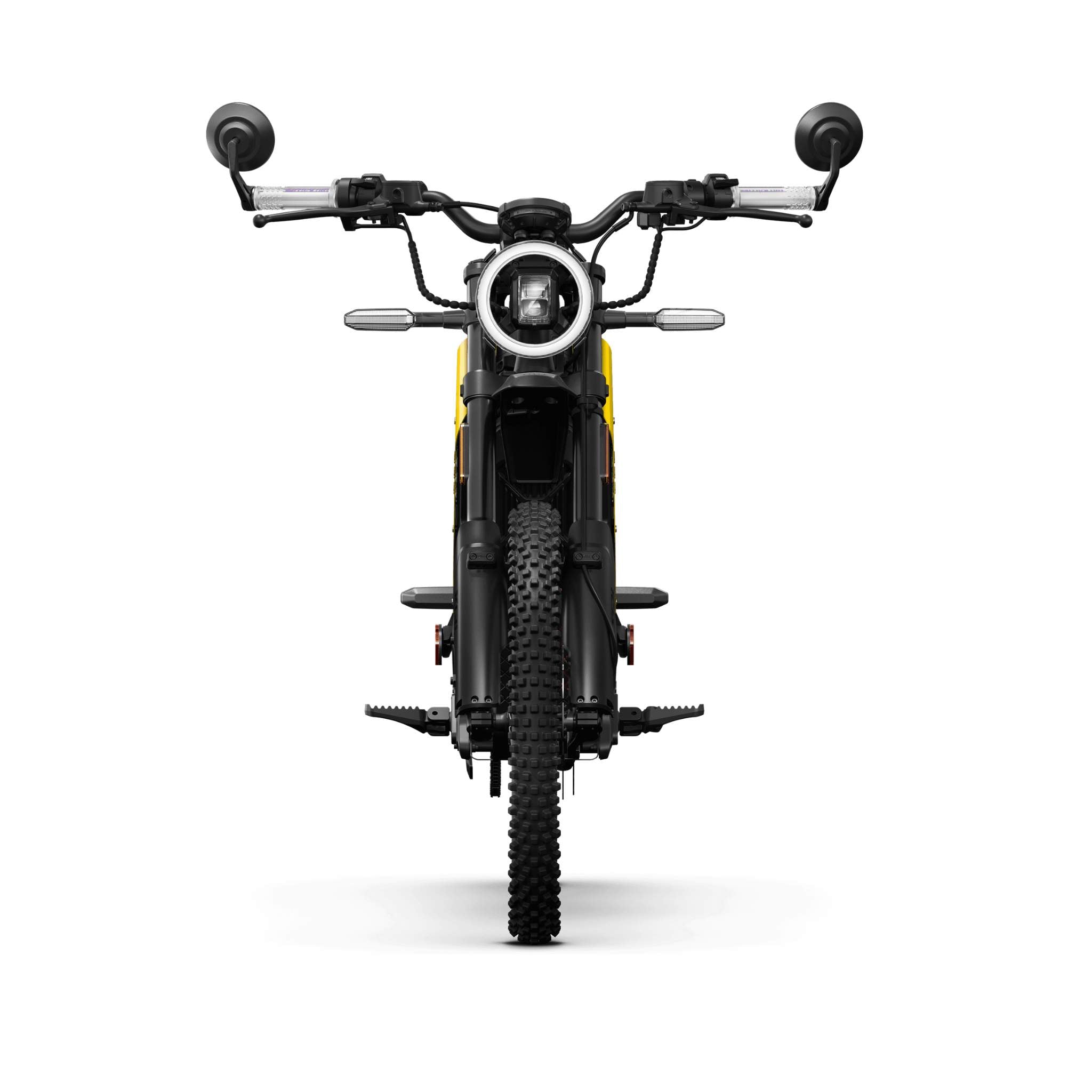 Frontansicht des NIU XQi3 Enduro Dirtbike Cross Motorrad 45 km/h von NIU, mit rundem Scheinwerfer, Noppenreifen, Lenker mit Spiegeln und nach außen gerichteten Fußrasten vor weißem Hintergrund.