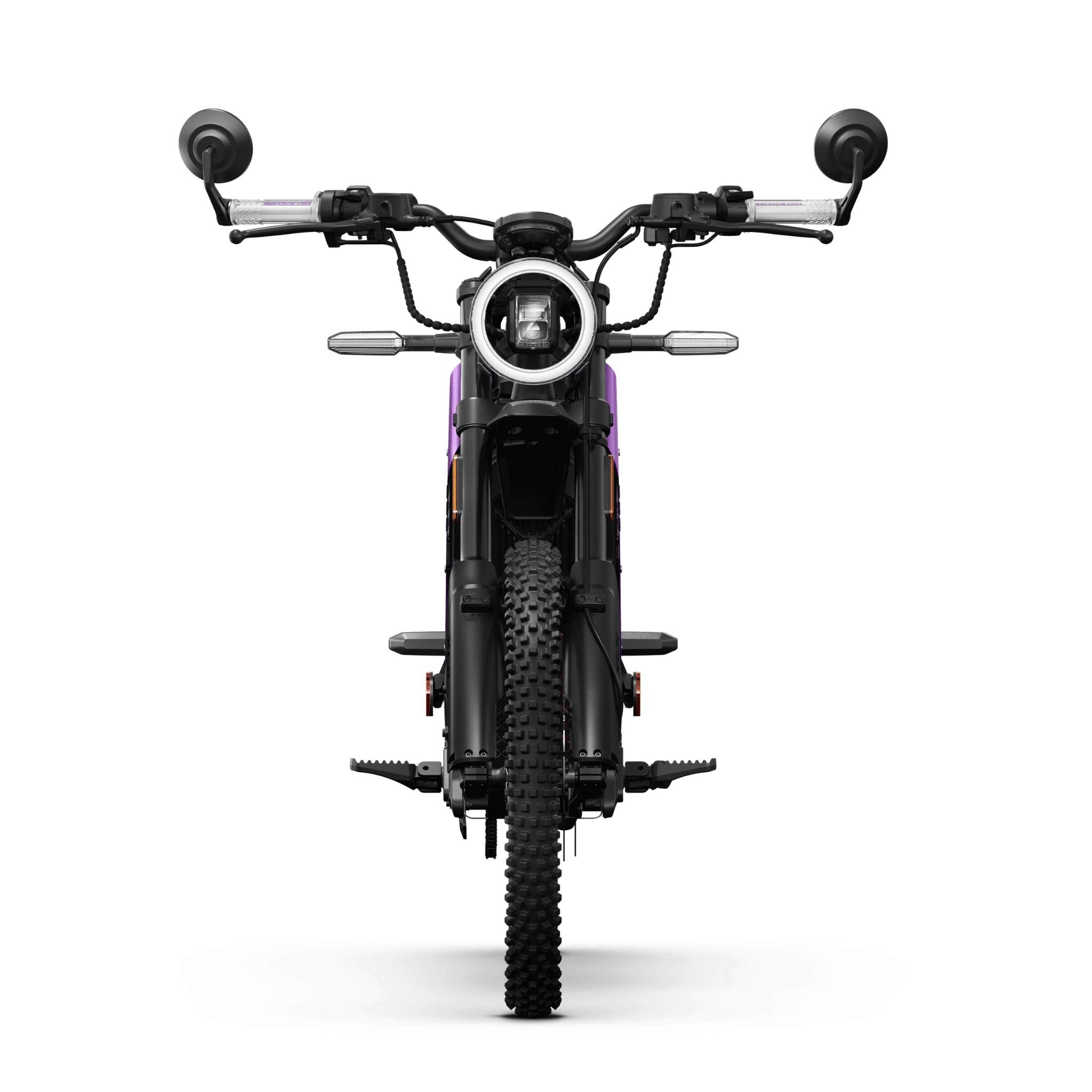 Frontansicht des NIU XQi3 Enduro Dirtbike Cross Motorrad 45 km/h von NIU, mit rundem Scheinwerfer, dicken Noppenreifen, Seitenspiegeln, Lenker und sichtbaren Fußrasten auf einem schlichten weißen Hintergrund.