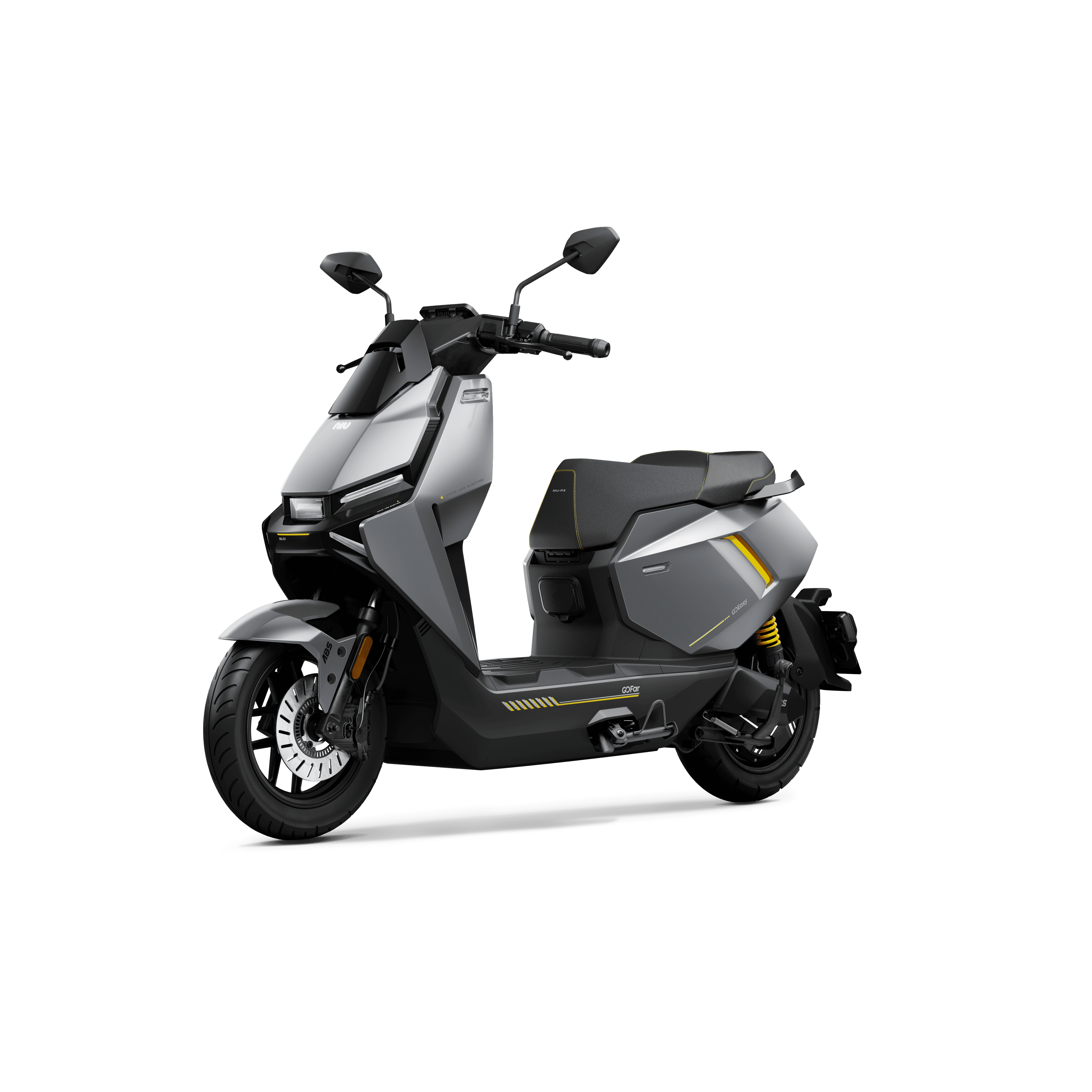 Der NIU FQiX 300 Elektroroller 80 km/h mit 3600W Motor und Dual-Akku von NIU ist in schlichtem Silber mit schwarzen und gelben Akzenten gehalten, aufgenommen von der Vorderseite auf einem schlichten weißen Hintergrund.