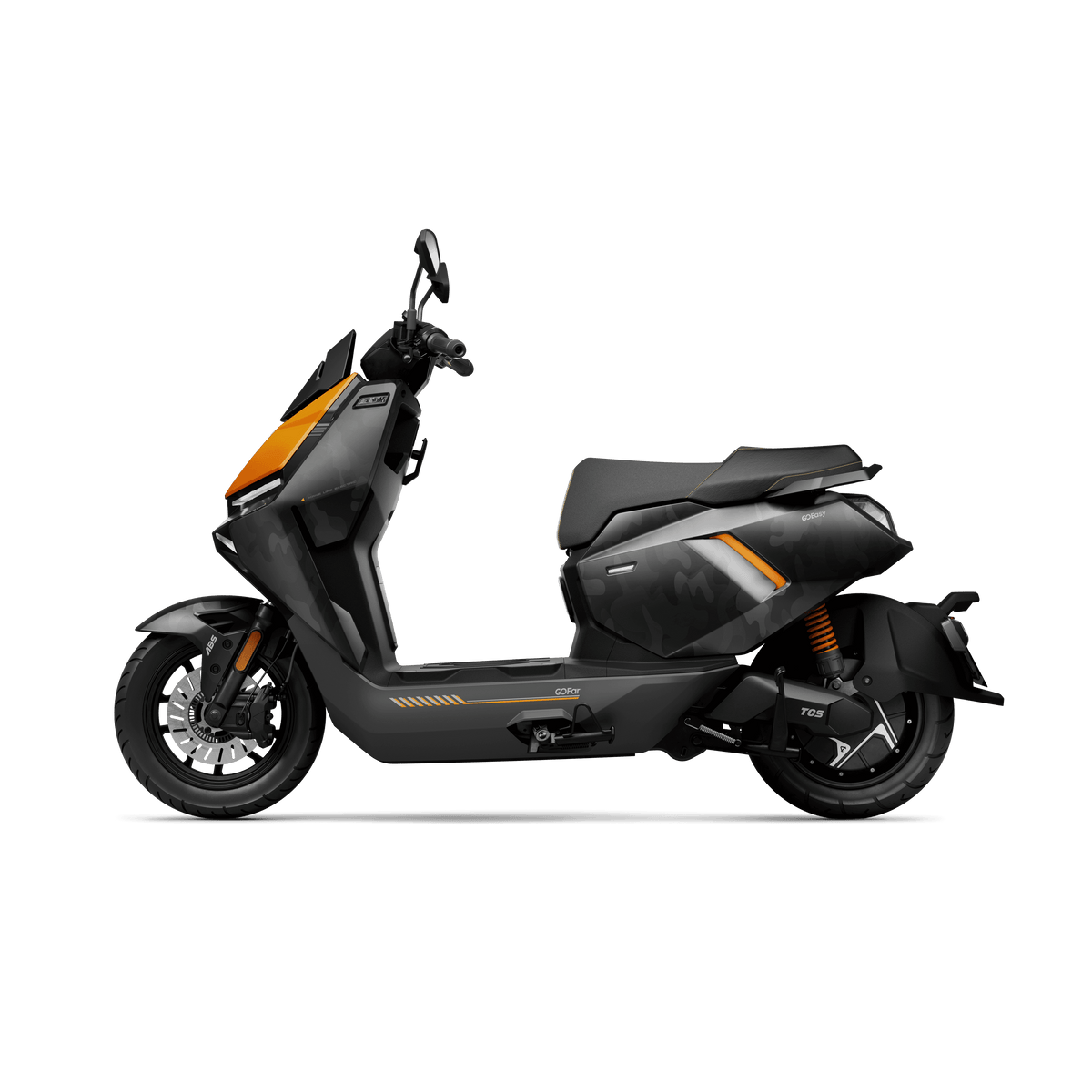 Der NIU FQiX 300 Elektroroller von NIU besticht durch ein modernes schwarz-orangefarbenes Design, eine Höchstgeschwindigkeit von 80 km/h, einen niedrigen Durchstiegsrahmen, eine Hinterradaufhängung, einen Doppelakku für eine Reichweite von 100 km, ABS, Navigation, ein Heckradar und ein Staufach; hier im Profil auf weißem Hintergrund abgebildet.