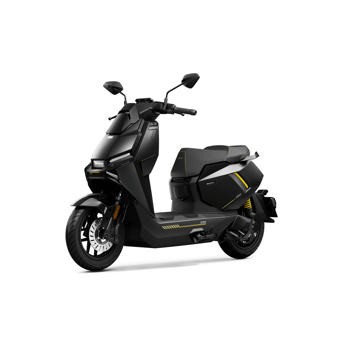 Ein stilvoller schwarzer NIU FQiX 300 Elektroroller (80 km/h) mit gelben Akzenten, von vorne auf weißem Hintergrund abgebildet. Mit klaren Linien, Digitalanzeige, Seitenspiegeln, ABS, Doppelakku, Navigation, Heckradar und einer Reichweite von bis zu 100 km.