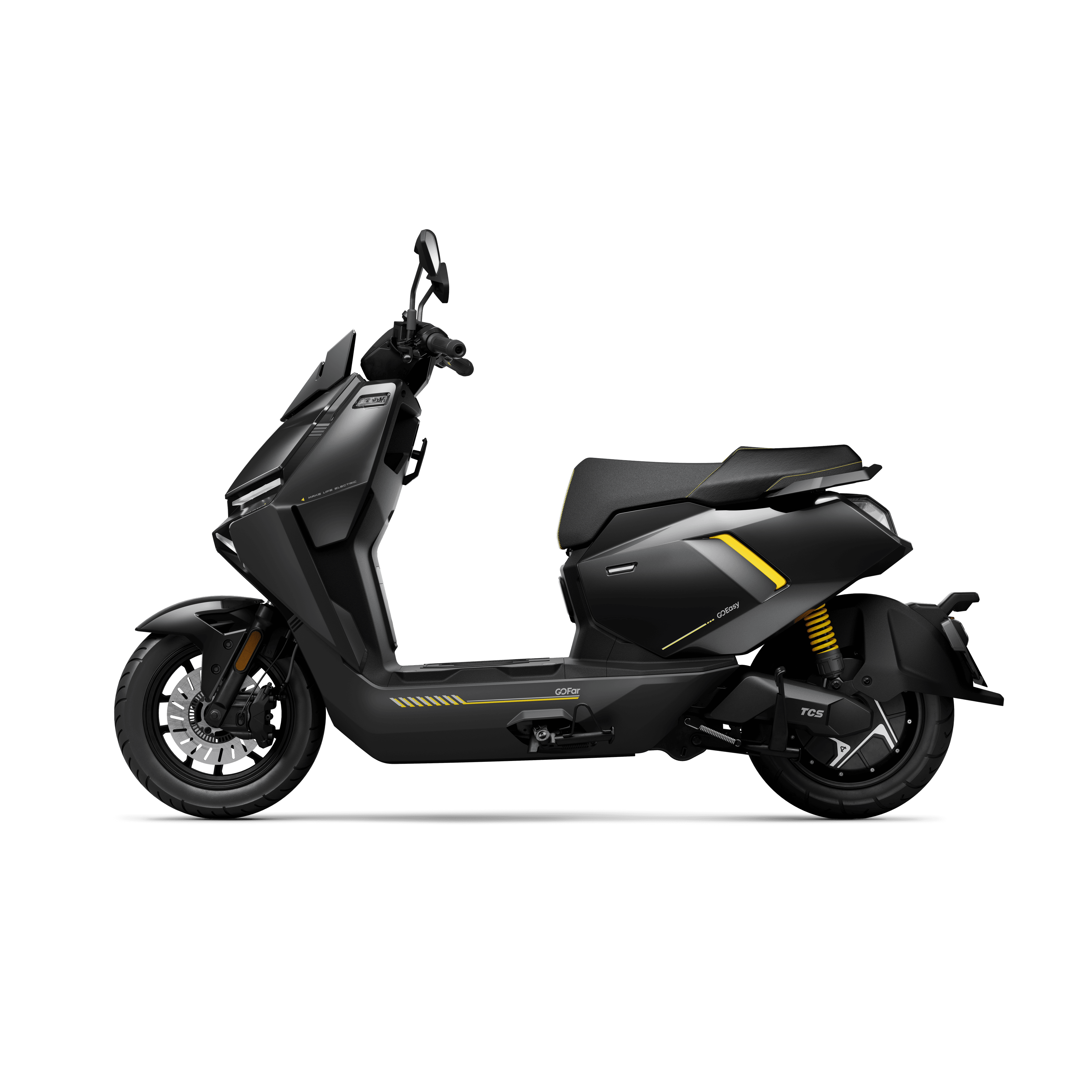 Der NIU FQiX 300 Elektroroller in elegantem Schwarz mit gelben Akzenten zeichnet sich durch ein stromlinienförmiges Seitenprofil, sichtbare hintere Federung und einen leistungsstarken 3600-W-Motor aus. Er erreicht 80 km/h und ist mit einem Dual-Akku-System ausgestattet.