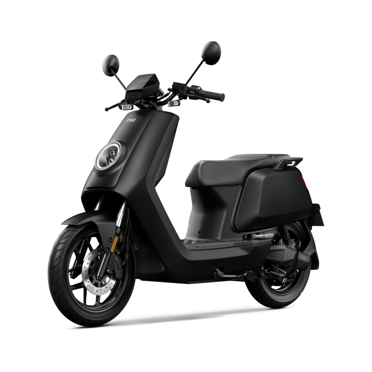 Auf weißem Hintergrund ist ein eleganter schwarzer NIU NQi Sport 2026 E-Roller von NIU zu sehen, der sich durch ein modernes Design mit rundem Scheinwerfer, Seitenspiegeln und einem kompakten Rahmen auszeichnet. Dieser Elektroroller bietet eine Reichweite von bis zu 120 km für längere Fahrten in der Stadt bei Geschwindigkeiten von bis zu 45 km/h.
