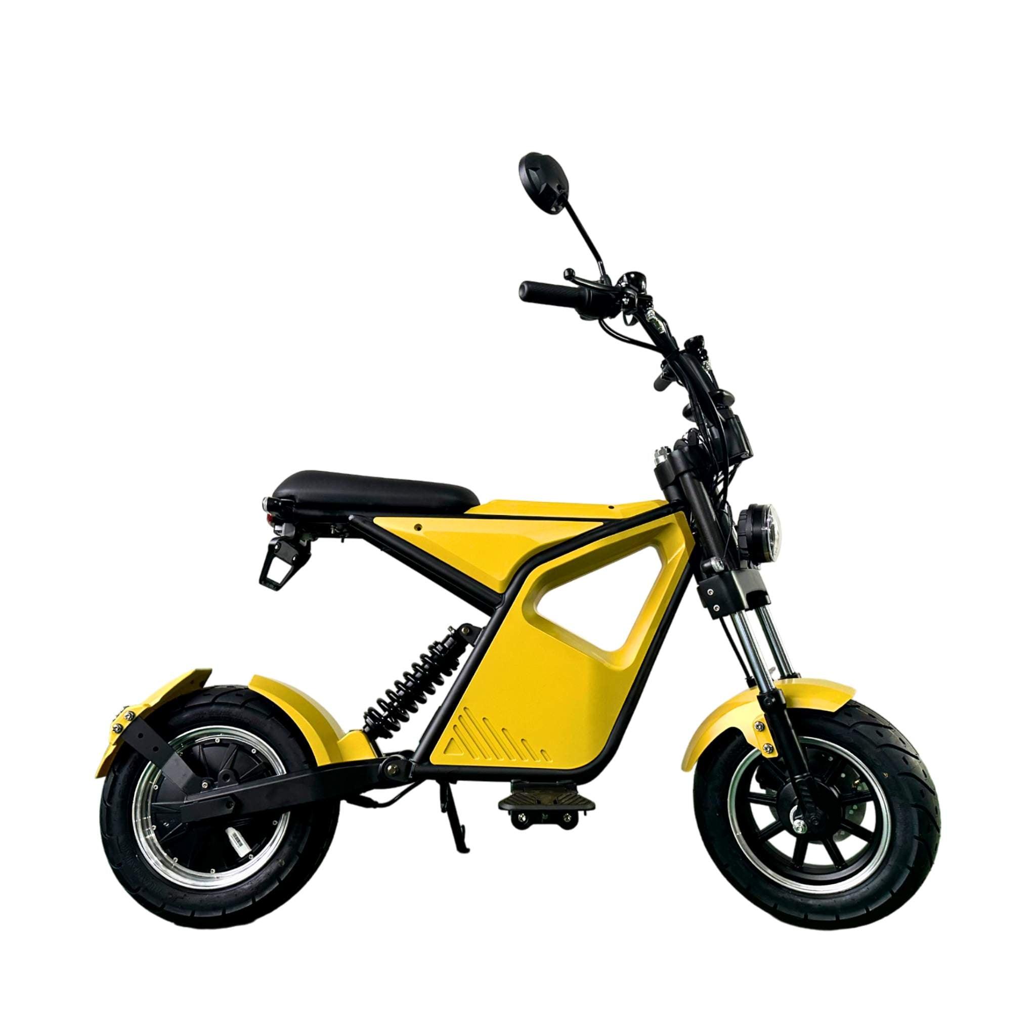 Der City Twister CityTwister 9.0 SPORT XS E-Chopper E-Roller hat einen gelben Rahmen mit schwarzem Sitz, Lenker und Rädern und ist im Profil vor einem weißen Hintergrund abgebildet.