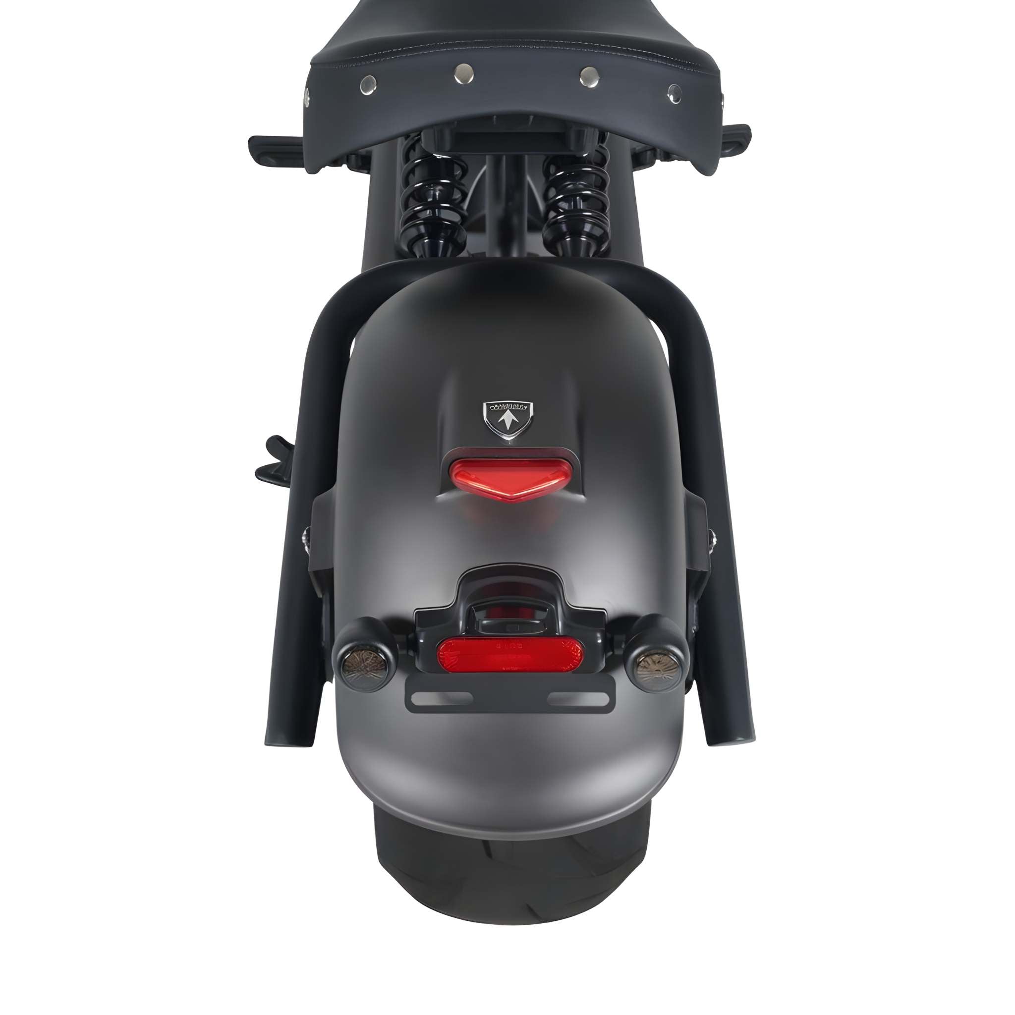 Draufsicht auf den Mangosteen E-Chopper M1PS (E-Scooter/Elektromotorrad, 85 km/h, 40Ah Samsung Akku, 4000W), mit Hervorhebung des Sitzes, des hinteren Kotflügels, des Rücklichts, der Blinker und der Reifen - perfekt für urbane Elektromobilität.