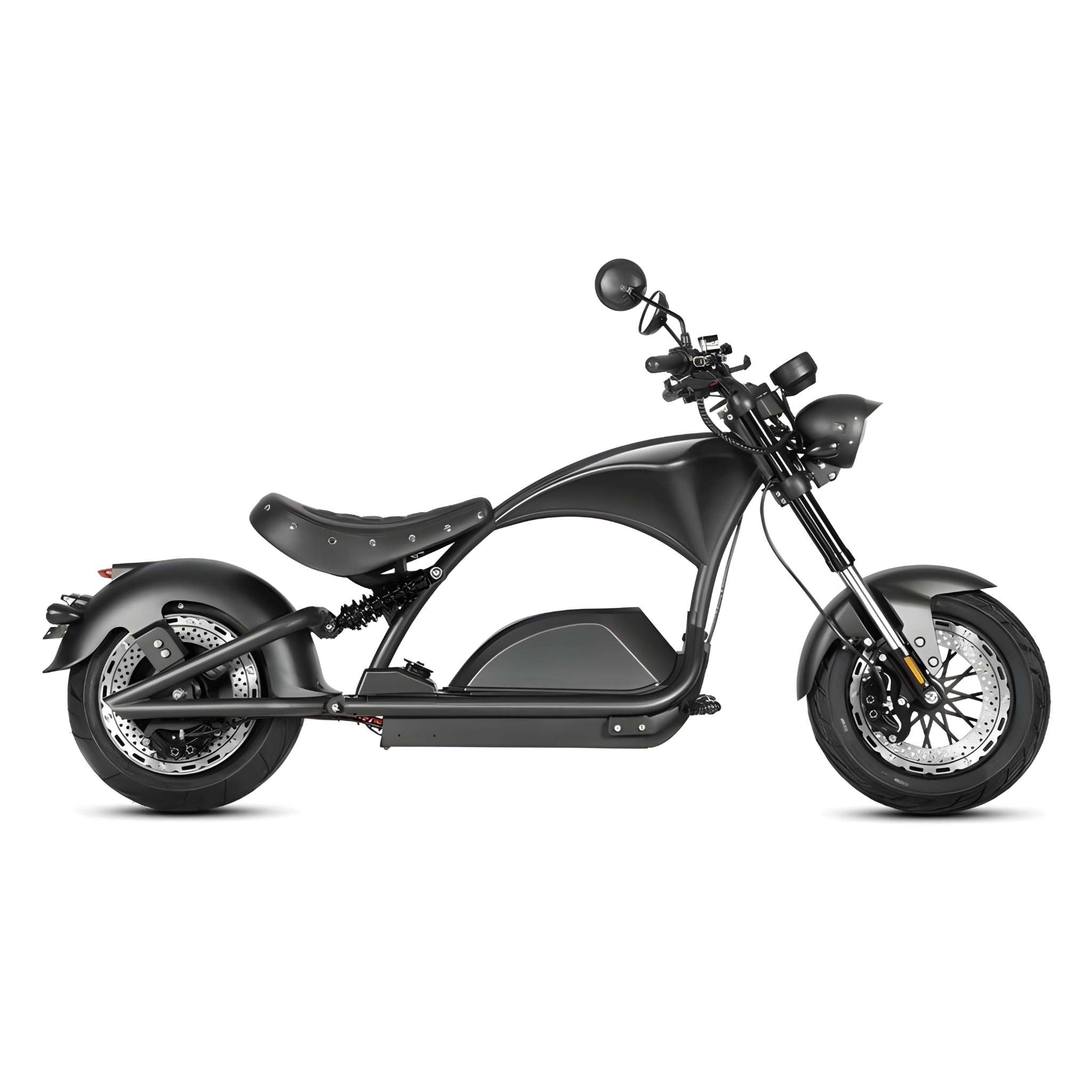 Der Mangosteen E-Chopper M1PS ist ein mattschwarzes Elektromotorrad mit minimalistischem, tiefliegendem Rahmen, breiten Reifen und einem 4000-W-Motor, der von einem 40-Ah-Samsung-Lithium-Akku angetrieben wird und bis zu 85 km/h erreicht - ideal für Fans von Elektromobilität.