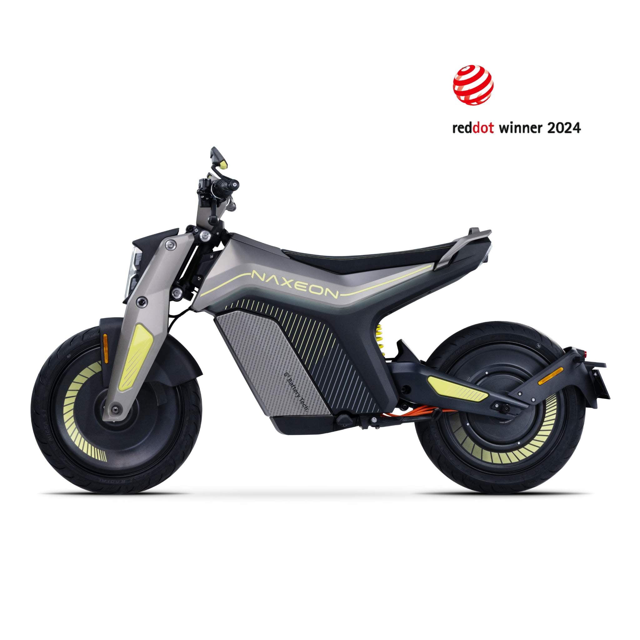 Seitenansicht des Elektro Motorrad Naxeon I AM - Standard Modells von NAXEON mit neongelben Akzenten auf weißem Hintergrund, mit dem Logo des Red Dot Winner 2024 in der oberen rechten Ecke.