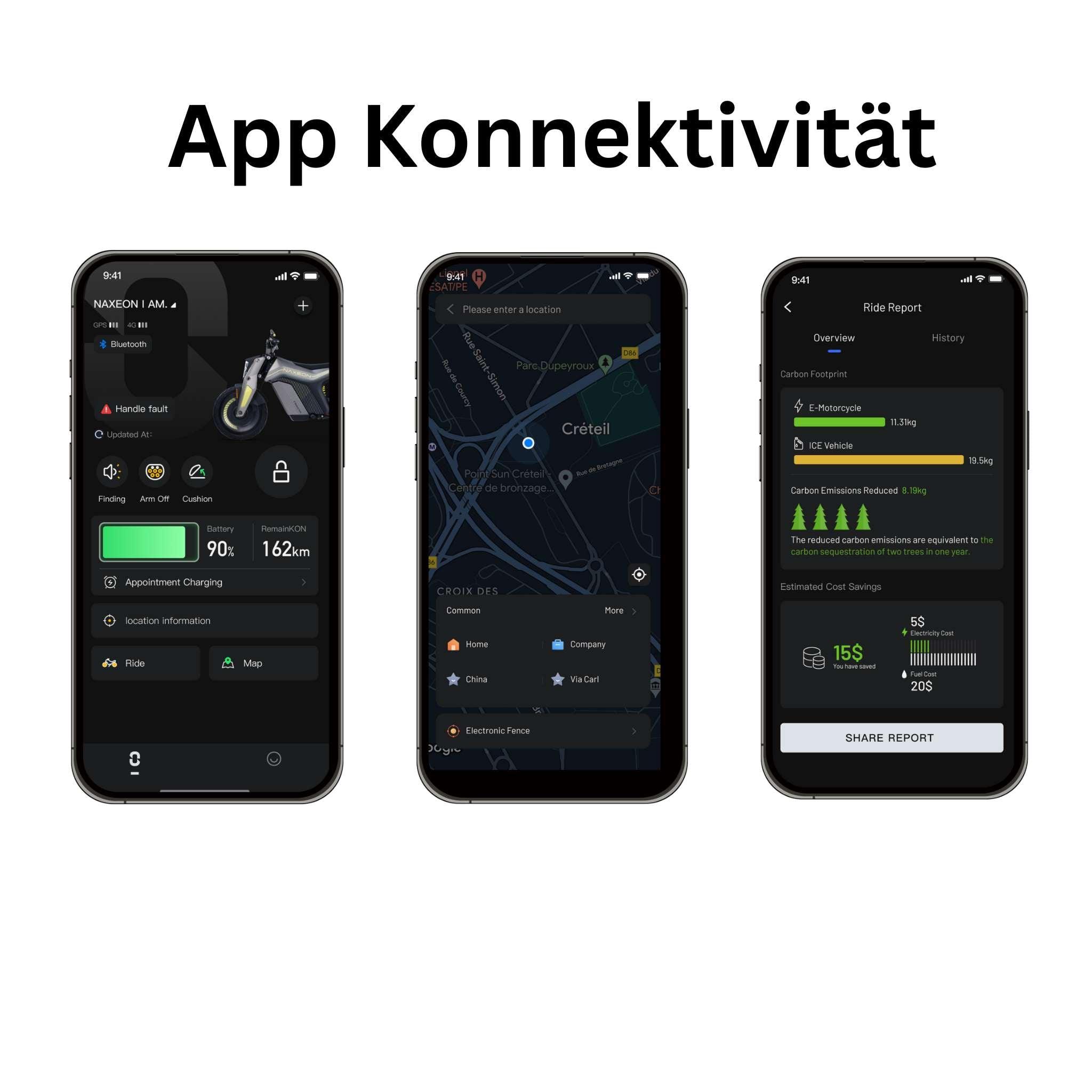 Drei E-Motorrad Naxeon I AM. PRO (Copy) Smartphones zeigen die NAXEON-Mobilitäts-App mit Scooter-Status, Routenkarte, Fahrstatistiken und Turbo-Boost-Optionen. Der deutsche Titel "App Konnektivität" erscheint über den Bildschirmen.