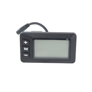 Ein schwarzes elektronisches Gerät mit LCD-Bildschirm und drei Tasten (+, M, -) sowie einem kurzen Kabel - perfekt für die Steuerung Ihres SONS OF ELECTRICITY Mobot Krankenfahrstuhl / Seniorenmobil 15 km/h, faltbar & mit Straßenzulassung.
