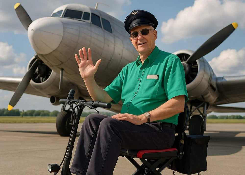 Ein lächelnder älterer Mann in grünem Hemd und Pilotenhut winkt von seinem SONS OF ELECTRICITY Mobot Krankenfahrstuhl / Seniorenmobil 15 km/h - faltbar, leicht & mit Straßenzulassung, mit einem Oldtimer-Flugzeug im Hintergrund an einem sonnigen Tag.