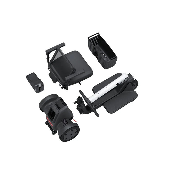 Ein schwarzes WHILL Modell R 3-Rad von Whill wird in fünf Teile zerlegt gezeigt - Sitz mit Armlehnen, Hinterräder, Batterie, Lenkstange mit Vorderrädern und Korb. Dieses wendiger Seniorenmobil ist separat auf einem weißen Hintergrund angeordnet.