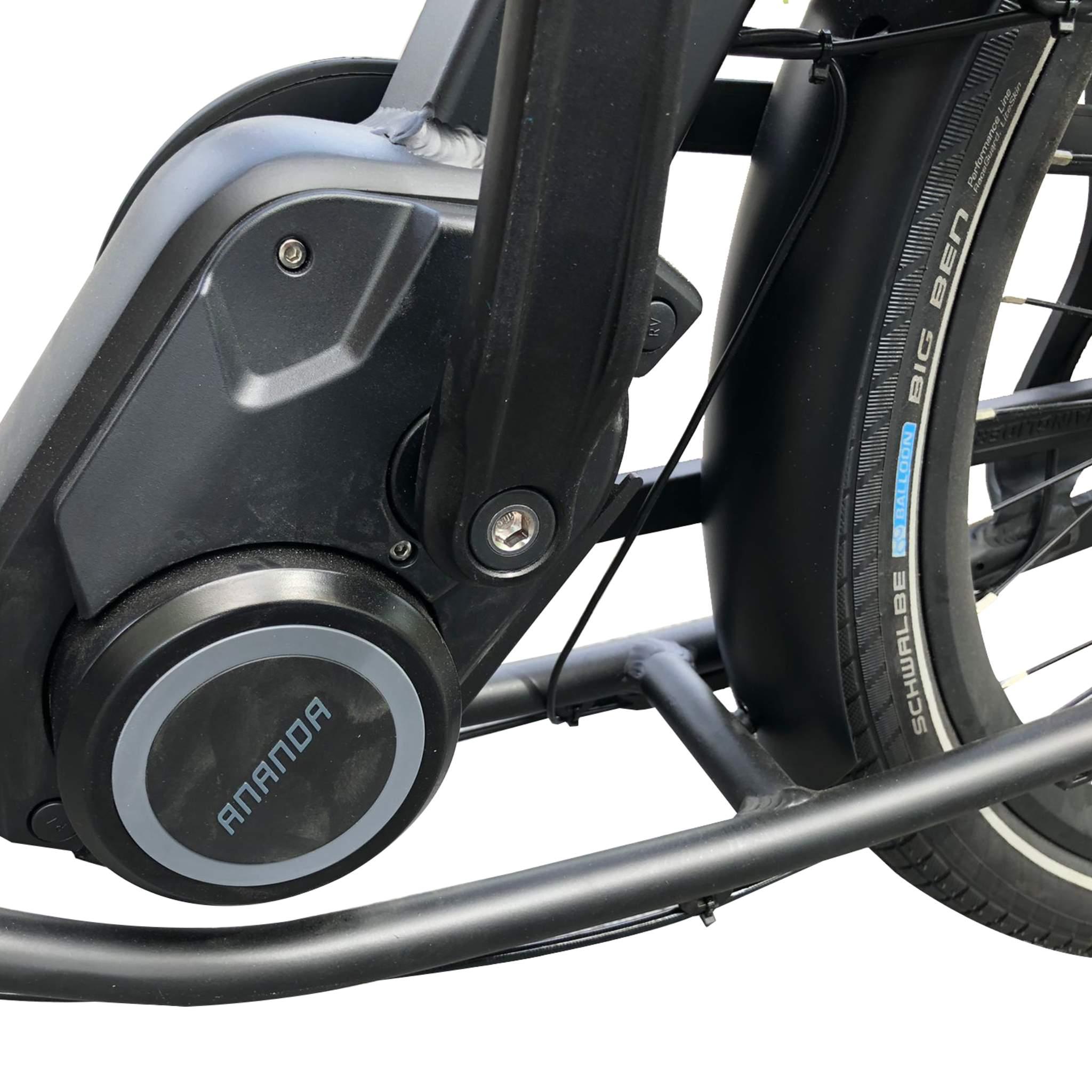 Nahaufnahme des Ananda-Motors auf dem Tinbot Elektro Lastenrad TB-B1/B2, mit schwarzem Rahmen, Tretkurbel und Schwalbe Big Ben Reifen - ideal für kraftvolle Fahrten bei jedem Wetter mit der mitgelieferten Regenhülle.