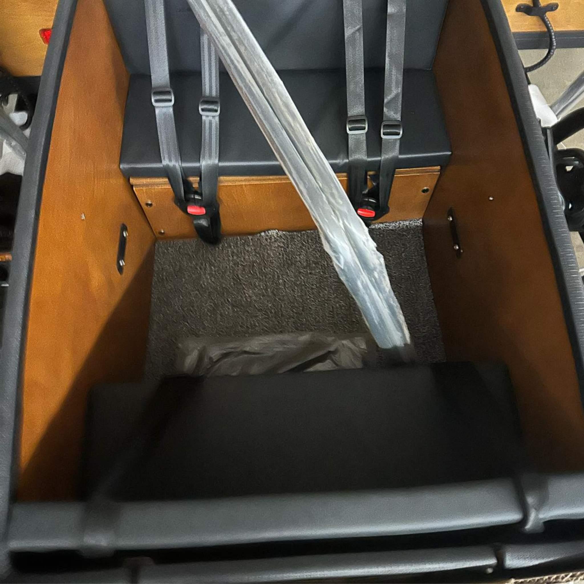 Draufsicht auf eine Tinbot Elektro Lastenrad TB-B1/B2 Box, mit holzgetäfelten Seiten, zwei Kindersitzen mit Gurten, einer Metallstange in der Mitte, einer strukturierten Bodenmatte und einem Regendach.