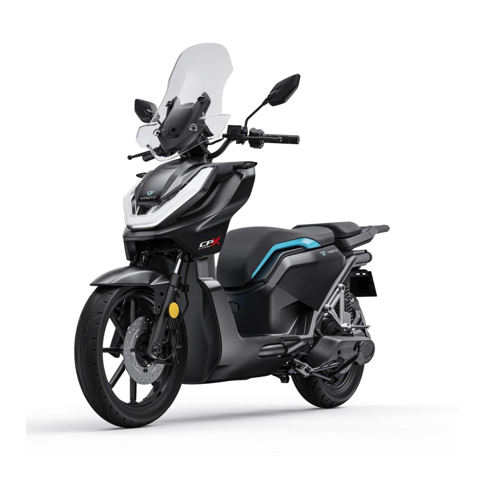 Erleben Sie den VMOTO Elektroroller | Motorroller CPX Explorer ABS (105 km/h) - ein Ausstellungsstück zum Sonderpreis! Elegantes schwarzes Design mit Windschutzscheibe, Seitenspiegeln und blauen Akzenten. Abgebildet vorne links auf weiß-ideal für Ihre Probefahrt Dortmund.