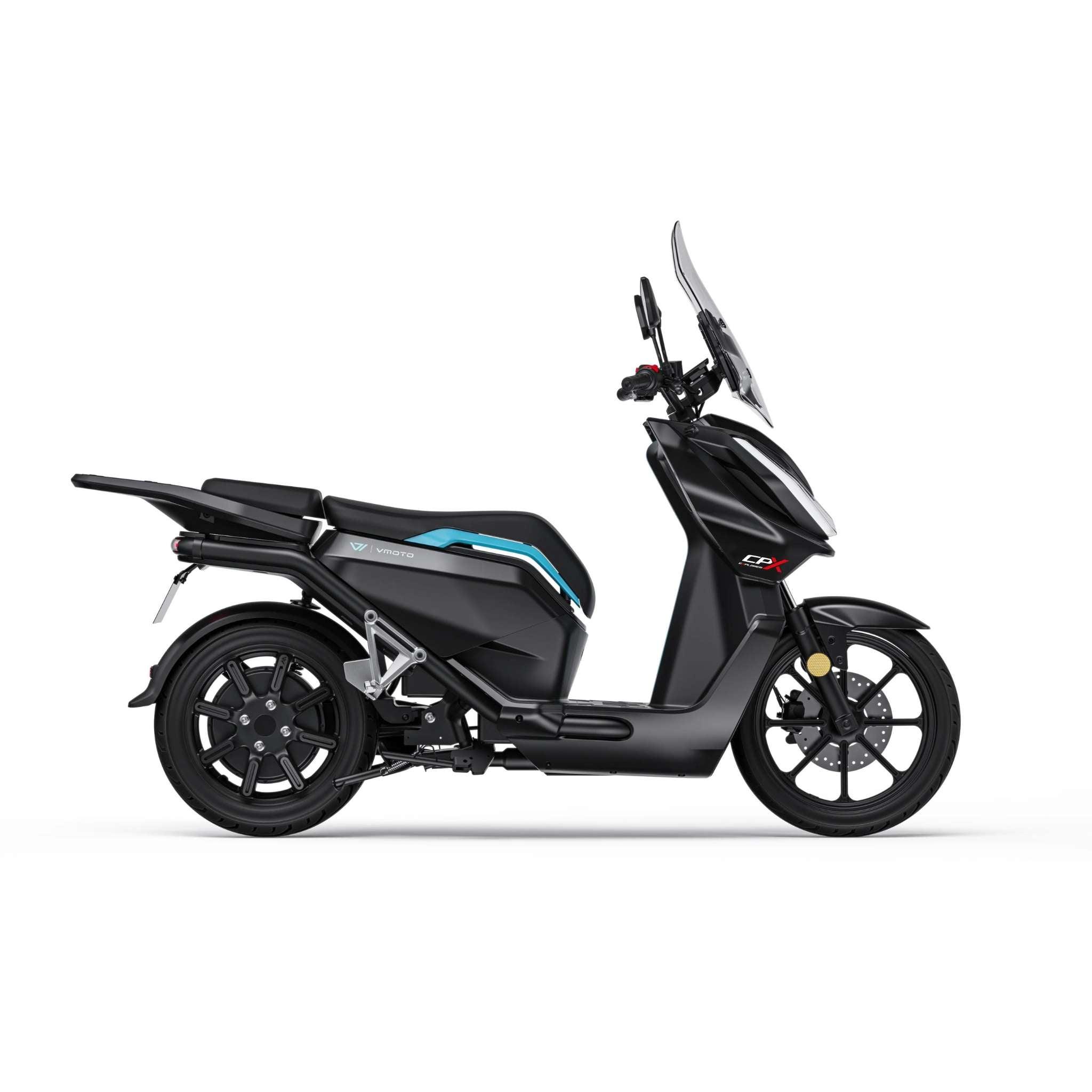 Seitenansicht des VMOTO Elektroroller | Motorroller CPX Explorer ABS (105 km/h), Ausstellungsstück zum Sonderpreis! Modernes schwarzes Design mit blauen Akzenten und Windschutzscheibe - bereit für Ihre Probefahrt in Dortmund.