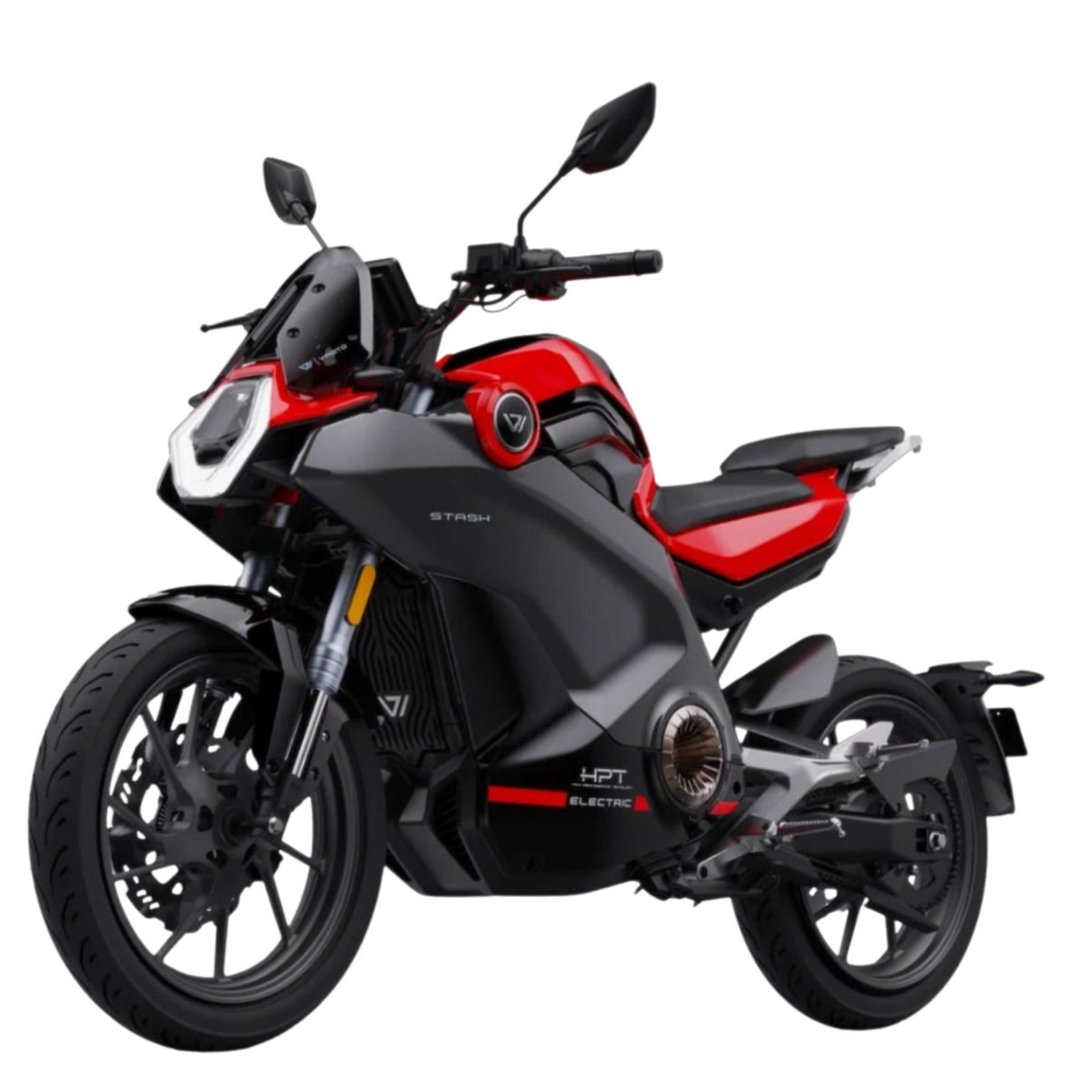 Dreiviertel-Vorderansicht eines rot-schwarzen VMOTO Stash Elektro Motorrad 120 km/h | Elektromotorrad mit ABS.