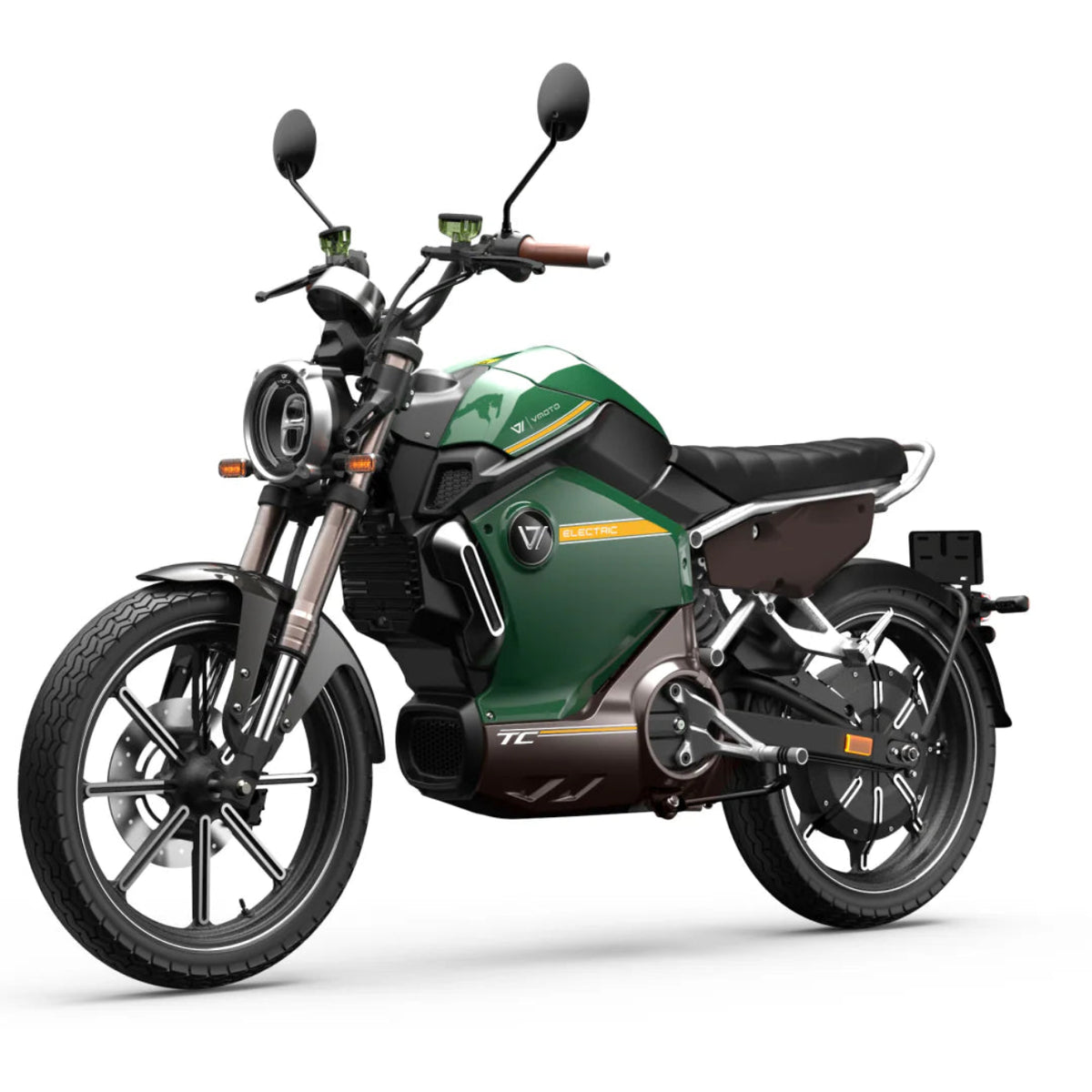 Der VMOTO TC 72V, ein grün-schwarzer Elektroroller im Café-Racer-Design von VMOTO, besticht durch sein Retro-Design mit rundem Scheinwerfer, Seitenspiegeln und Leichtmetallfelgen. Abgebildet auf weißem Hintergrund in einer Dreiviertel-Vorderansicht.