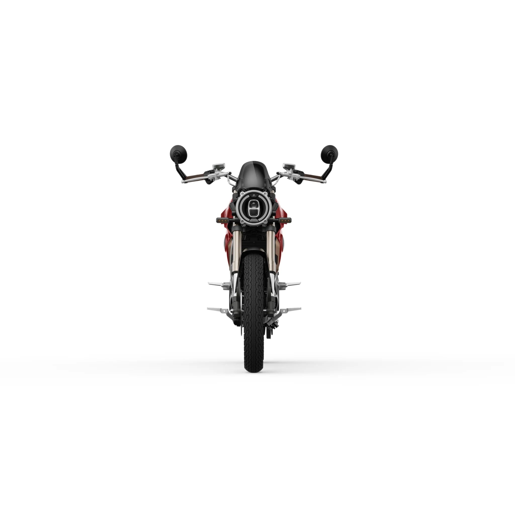Vorderansicht des E-Motorrads „Super Soco SUPER SOCO TC MAX 95 km/h“ in Schwarz und Rot, mit rundem Lenker, einem runden Scheinwerfer und zwei Seitenspiegeln vor weißem Hintergrund.
