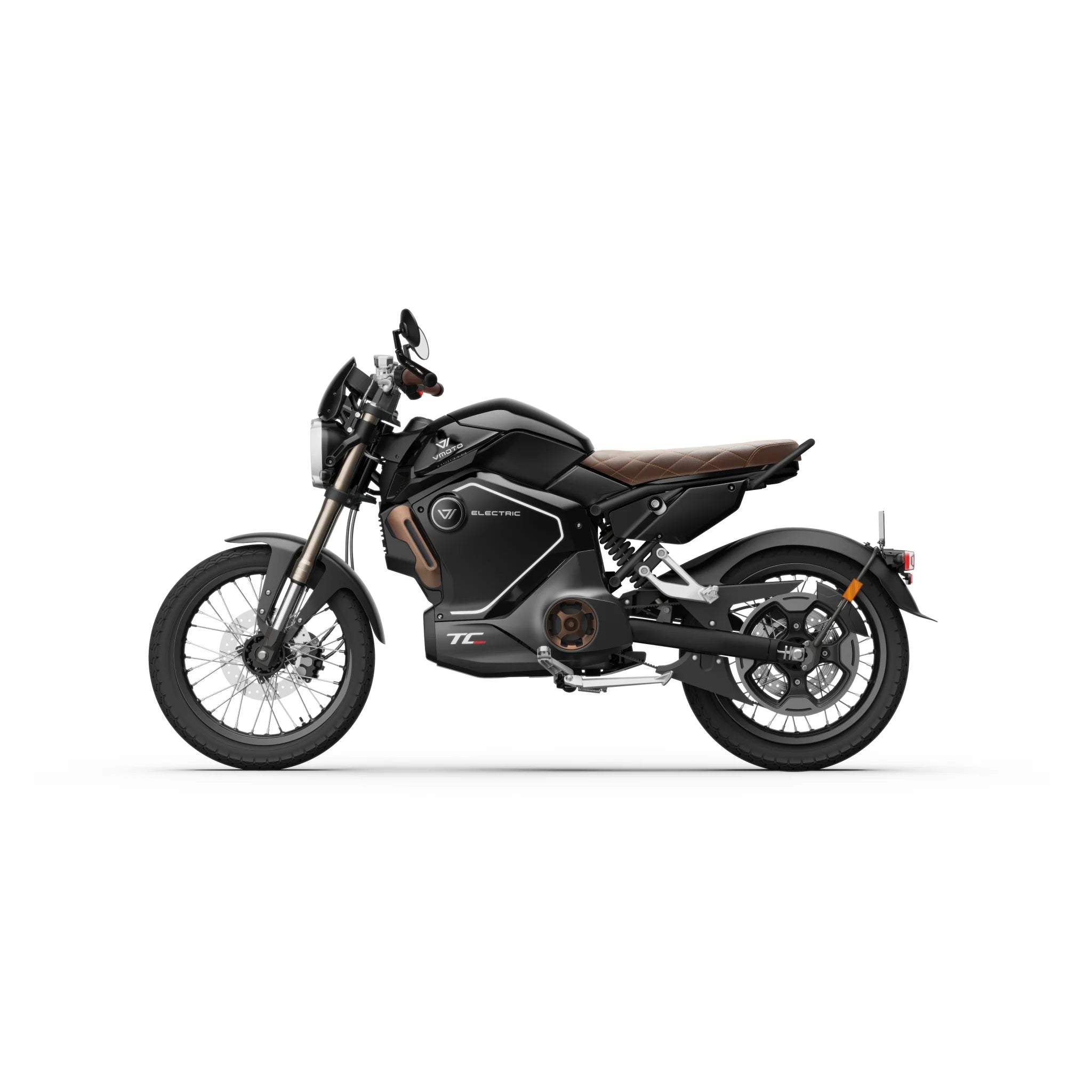 Seitenansicht eines schwarzen Super Soco SUPER SOCO TC MAX 95 km/h E-Motorrads mit braunem Sitz, Speichenrädern und modernem Design, dargestellt vor einem weißen Hintergrund.