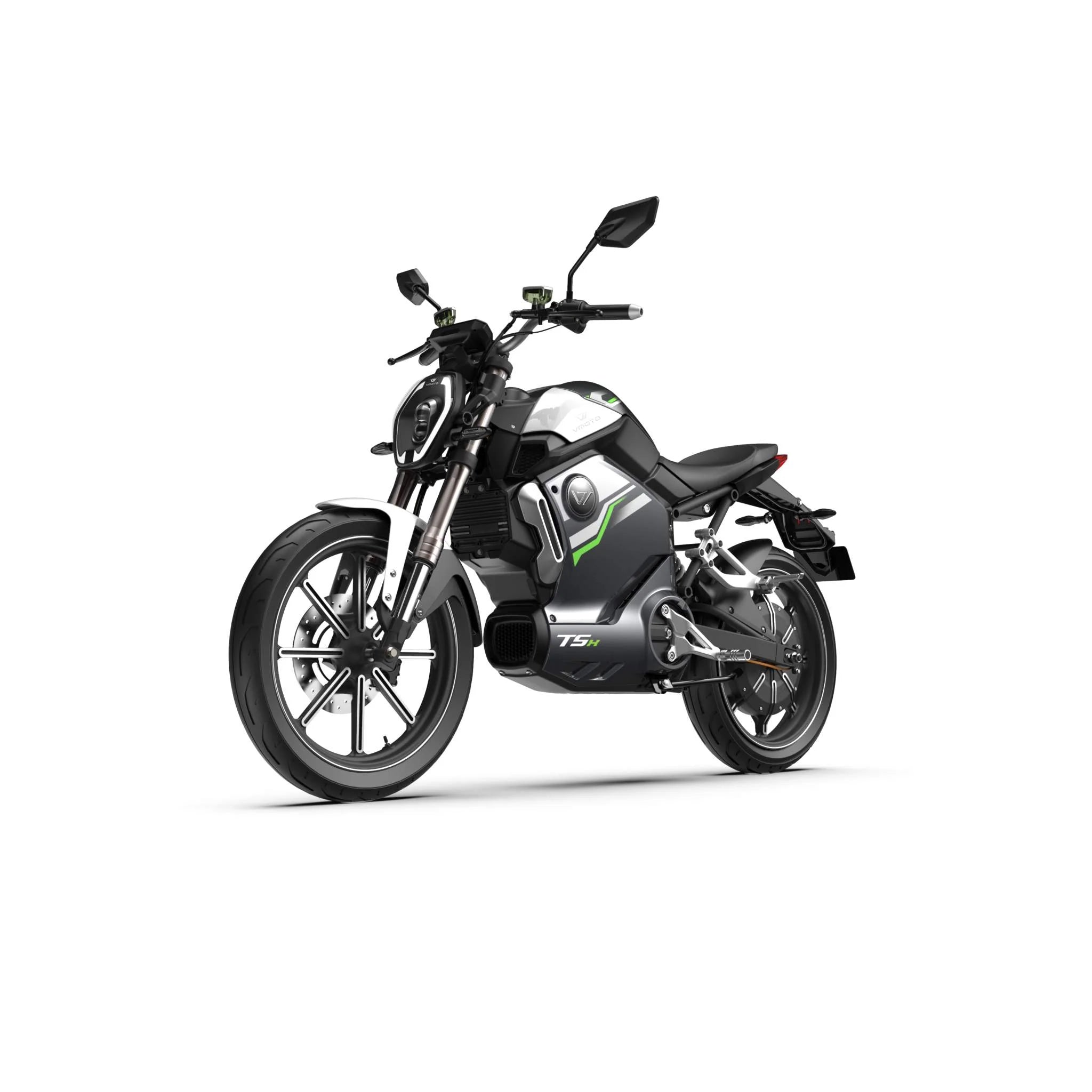 Ein schnittiges, sportliches schwarz-silbernes Super Soco E-Motorrad TSx Eco 45 km/h mit grünen Akzenten wird von vorne links auf weißem Hintergrund gezeigt. Zur Ausstattung gehören ein runder Scheinwerfer, eckige Spiegel und ein emissionsfreier Elektroantrieb.