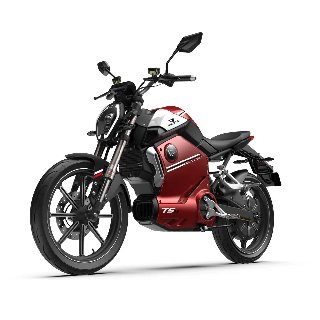 Der VMOTO TSX 72V ist ein rot-schwarzer Elektroroller im modernen Motorrad-Design mit großen Rädern, Seitenspiegeln und einer digitalen Anzeige von VMOTO auf weißem Hintergrund.