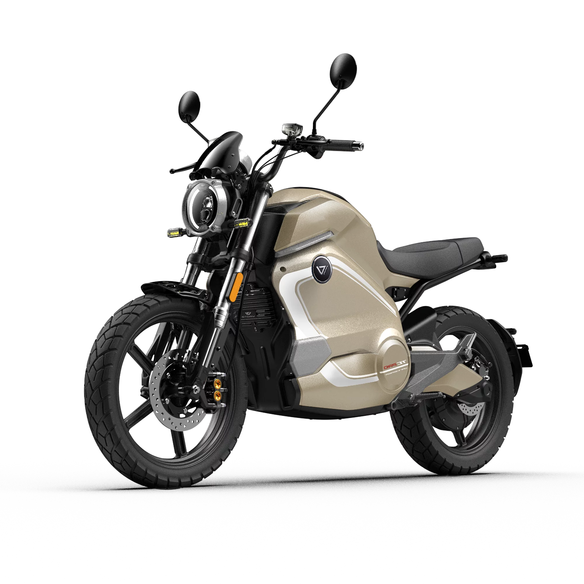 Das VMOTO E-Motorrad TC Wanderer Pro in Beige hat schwarze Akzente, große Scheibenbremsen und ein minimalistisches Retro-Design. Von der Vorderseite aus gesehen auf Weiß, wird es von effizienten Lithium-Ionen-Akkus angetrieben, die eine umweltfreundliche Fahrt von 90 km/h ermöglichen.