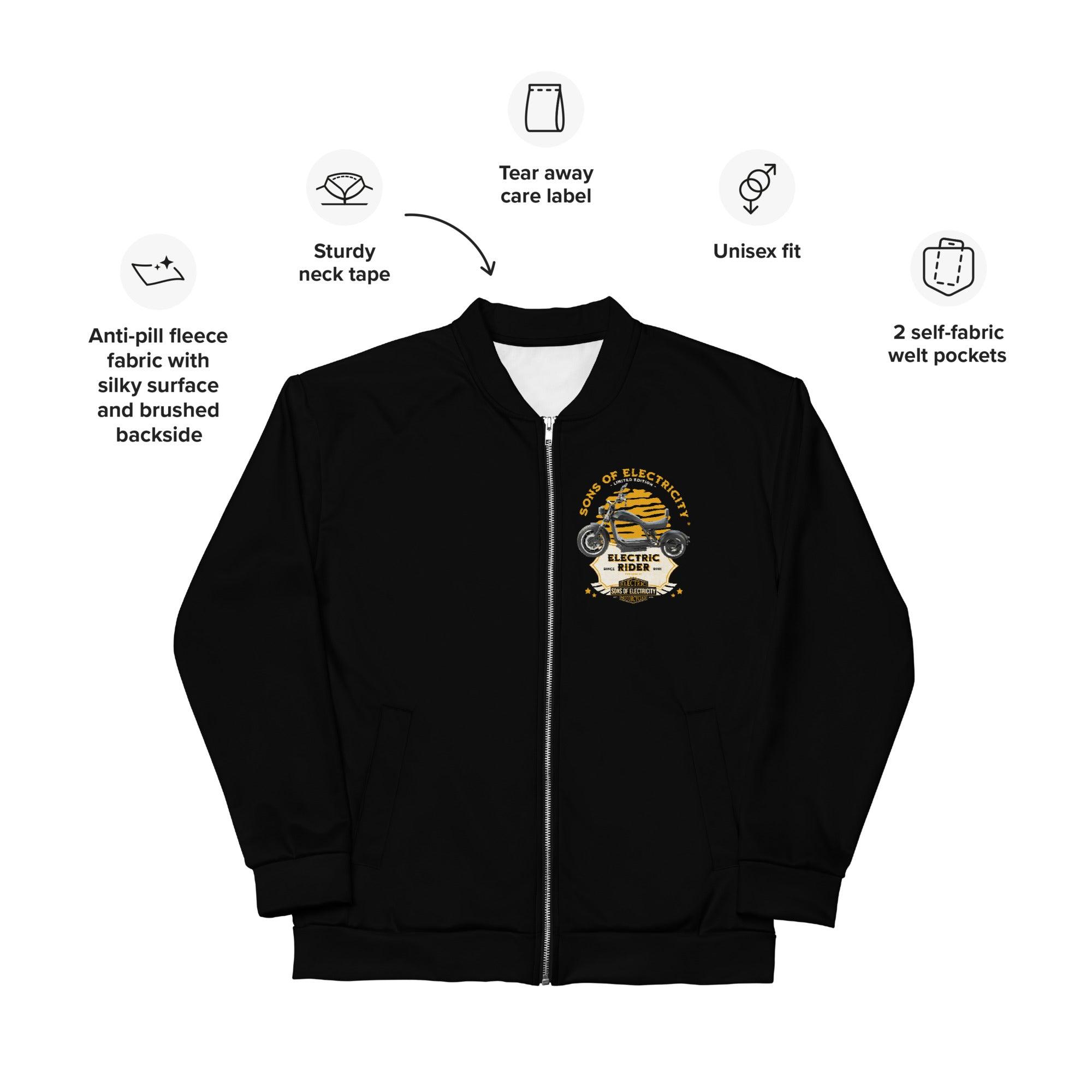Die SONS OF ELECTRICITY Premium E-Chopper (2) Bomberjacke hat einen Brustaufnäher, ein stabiles Nackenband, ein abreißbares Pflegeetikett, eine Unisex-Passform, Antipill-Fleece und zwei Leistentaschen. Electric Rider Limitierte Auflage.