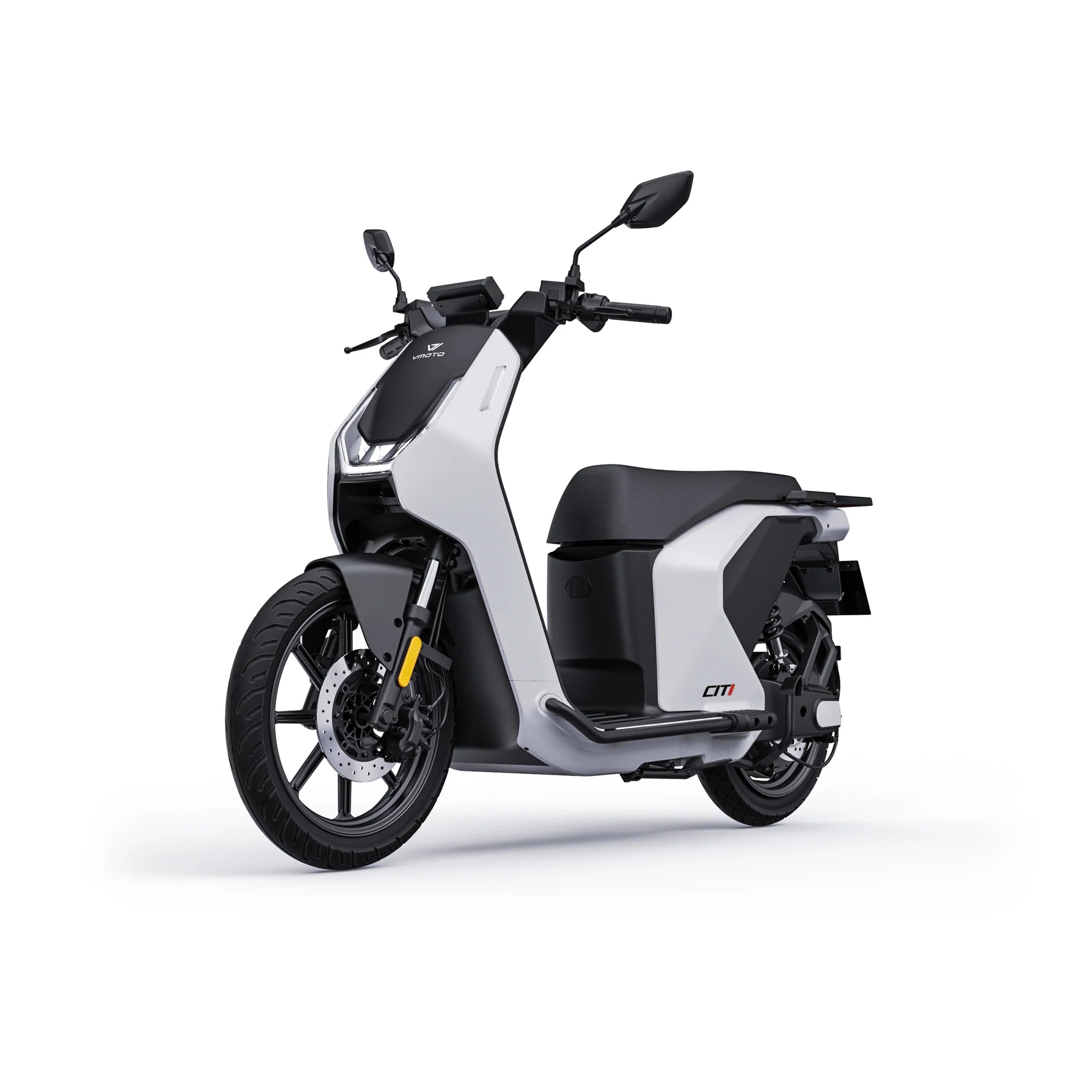Der VMOTO Citi E-Roller E-Scooter Motorroller (80 km/h) von VMOTO ist ein stylischer Elektroroller in Weiß und Schwarz mit Digitalanzeige, Rückspiegeln, Leichtmetallrädern und abnehmbarer Batterie - perfekt für die Mobilität in der Stadt.