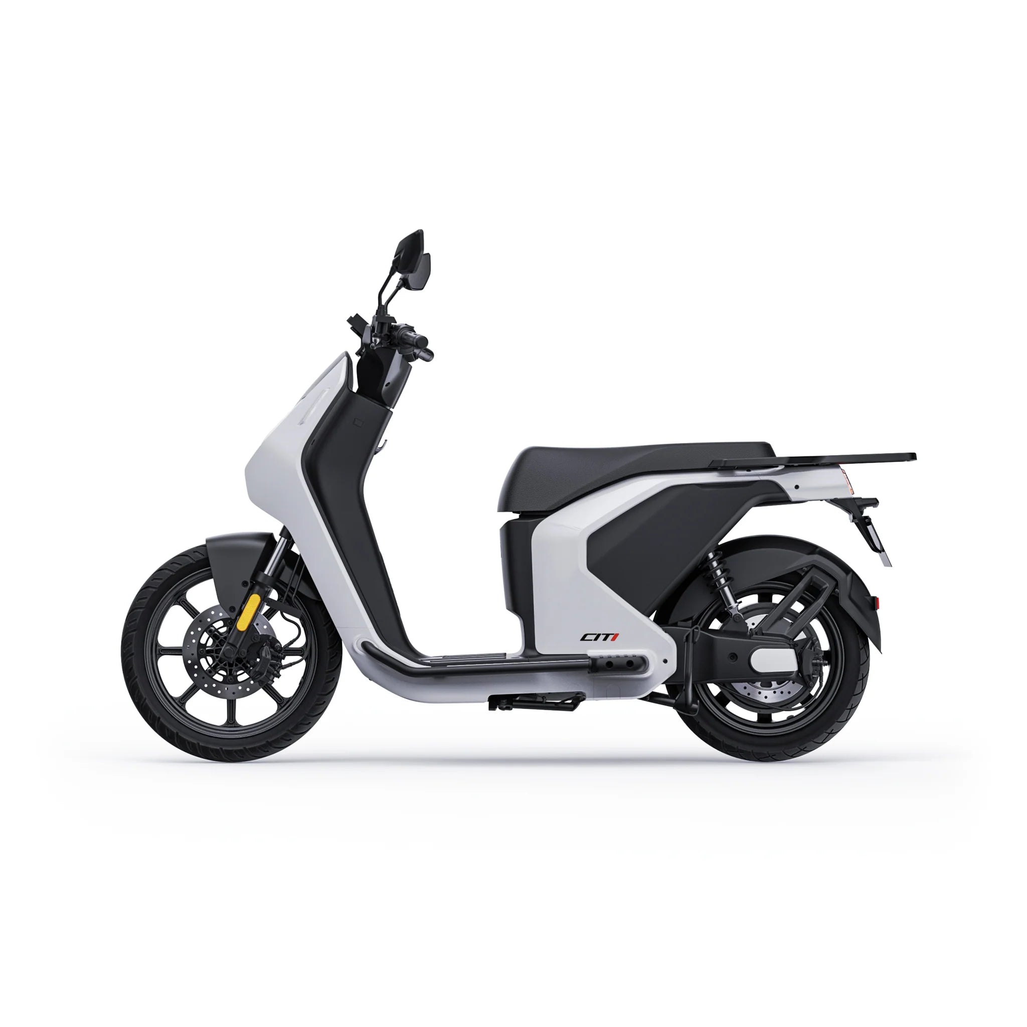 Der VMOTO Citi 80 km/h E-Roller E-Scooter Motorroller in Weiß und Schwarz ist im Profil auf einem unifarbenen Hintergrund abgebildet und verfügt über große Räder, eine Digitalanzeige am Lenker und einen praktischen, herausnehmbaren Akku - perfekt für die Mobilität in der Stadt.