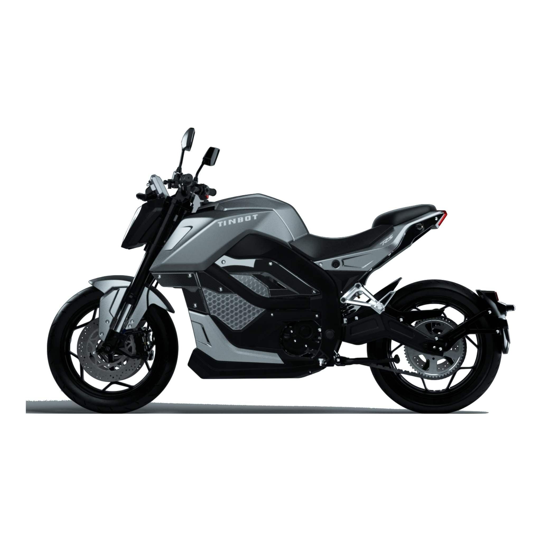 Das Tinbot E-Motorrad TB-RS1 120 km/h - neues Modell hat ein sportliches, kantiges Design in Schwarz und Silber und ist im Seitenprofil auf weißem Hintergrund abgebildet. Dieses Elektromotorrad von Tinbot erreicht eine Geschwindigkeit von bis zu 120 km/h.