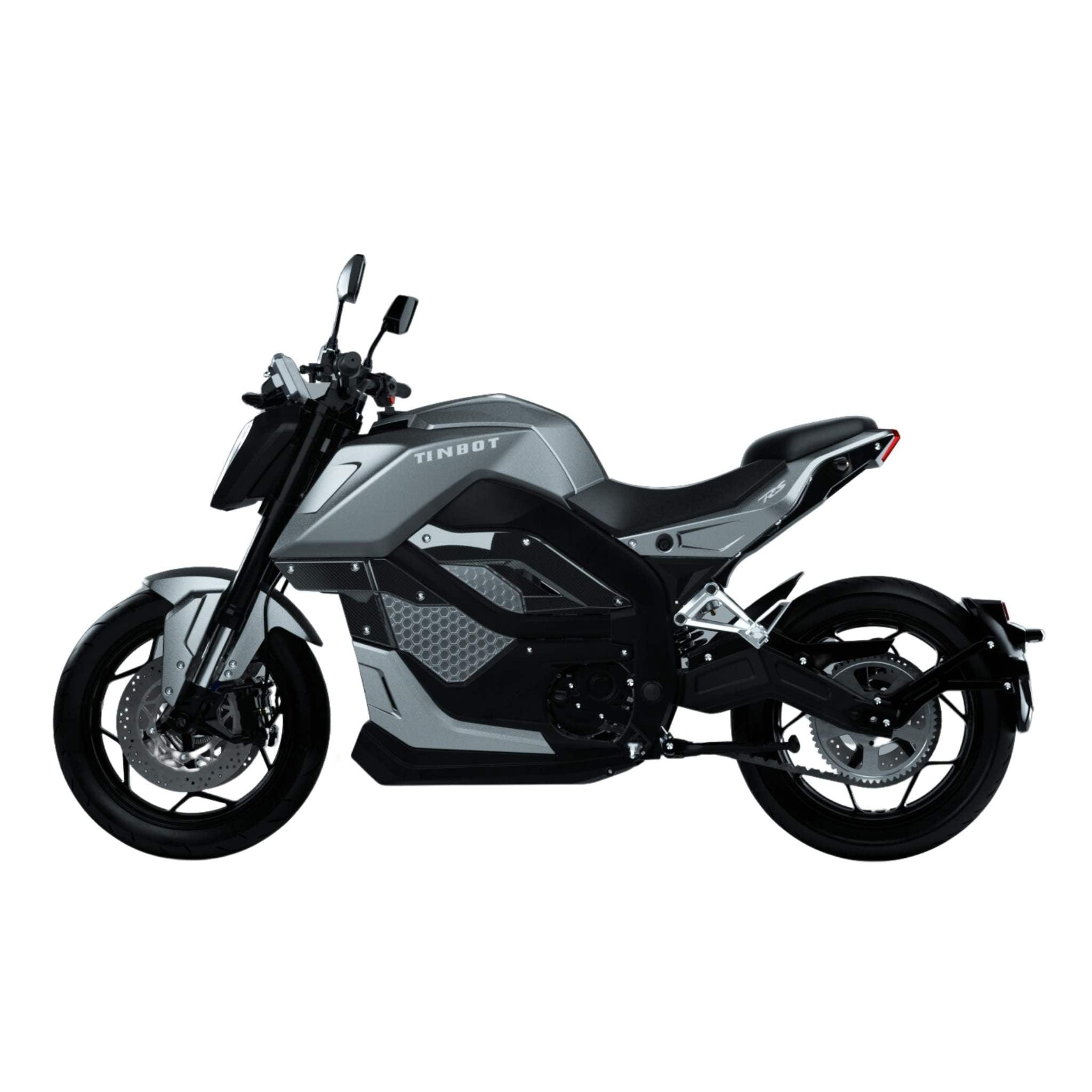 Das Tinbot E-Motorrad TB-RS1 120 km/h - neues Modell zeichnet sich durch eine mattgraue und schwarze Lackierung, ein kantiges Design, Scheibenbremsen und den Tinbot-Schriftzug auf dem Tank aus; die Seitenansicht unterstreicht den schnittigen, modernen Look und die Höchstgeschwindigkeit von 120 km/h.