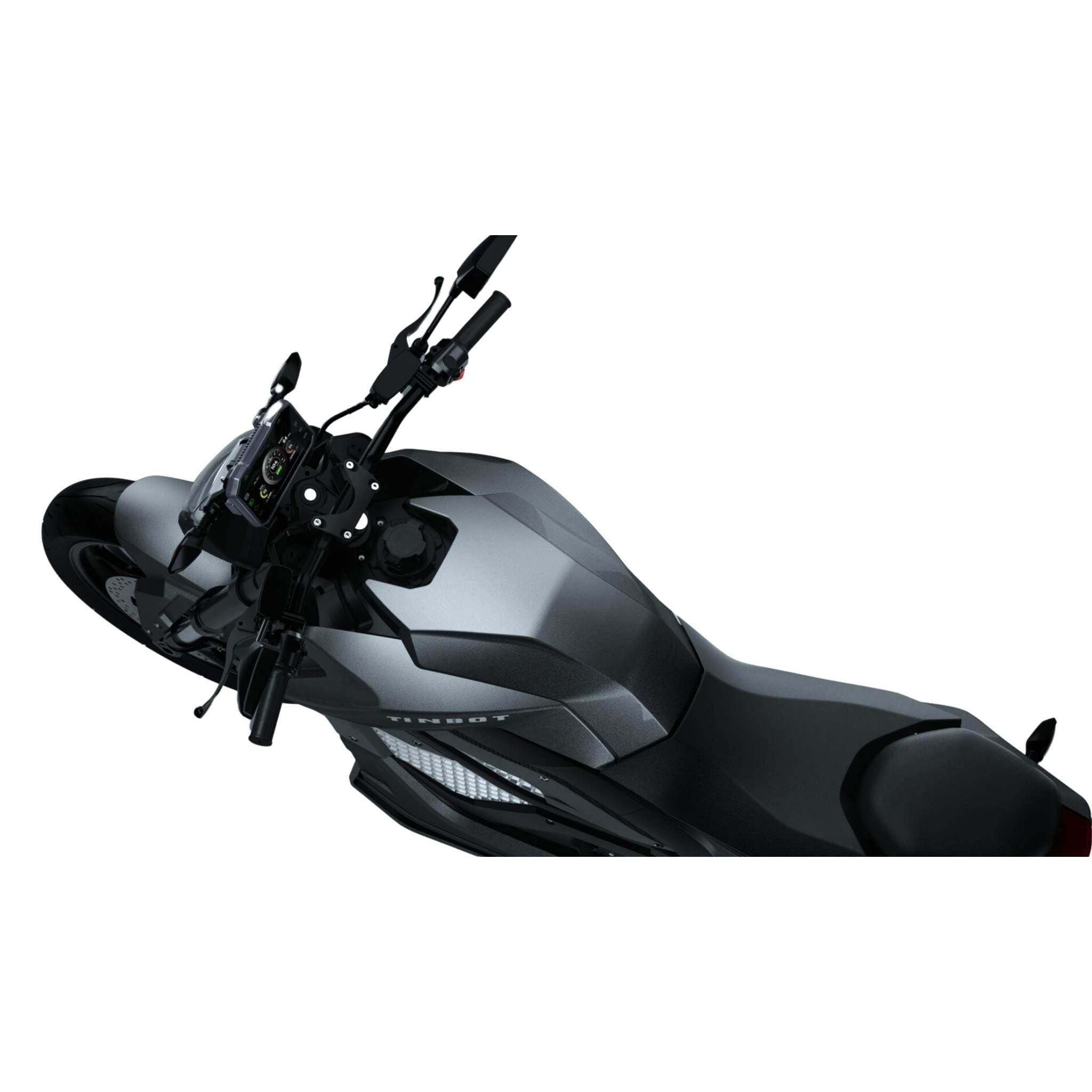 Draufsicht auf das Tinbot E-Motorrad TB-RS1 120 km/h (neues Modell) von Tinbot in schwarz und grau, mit Lenker, Digitalanzeige bei 120 km/h, Tank und Sitz auf weißem Hintergrund.