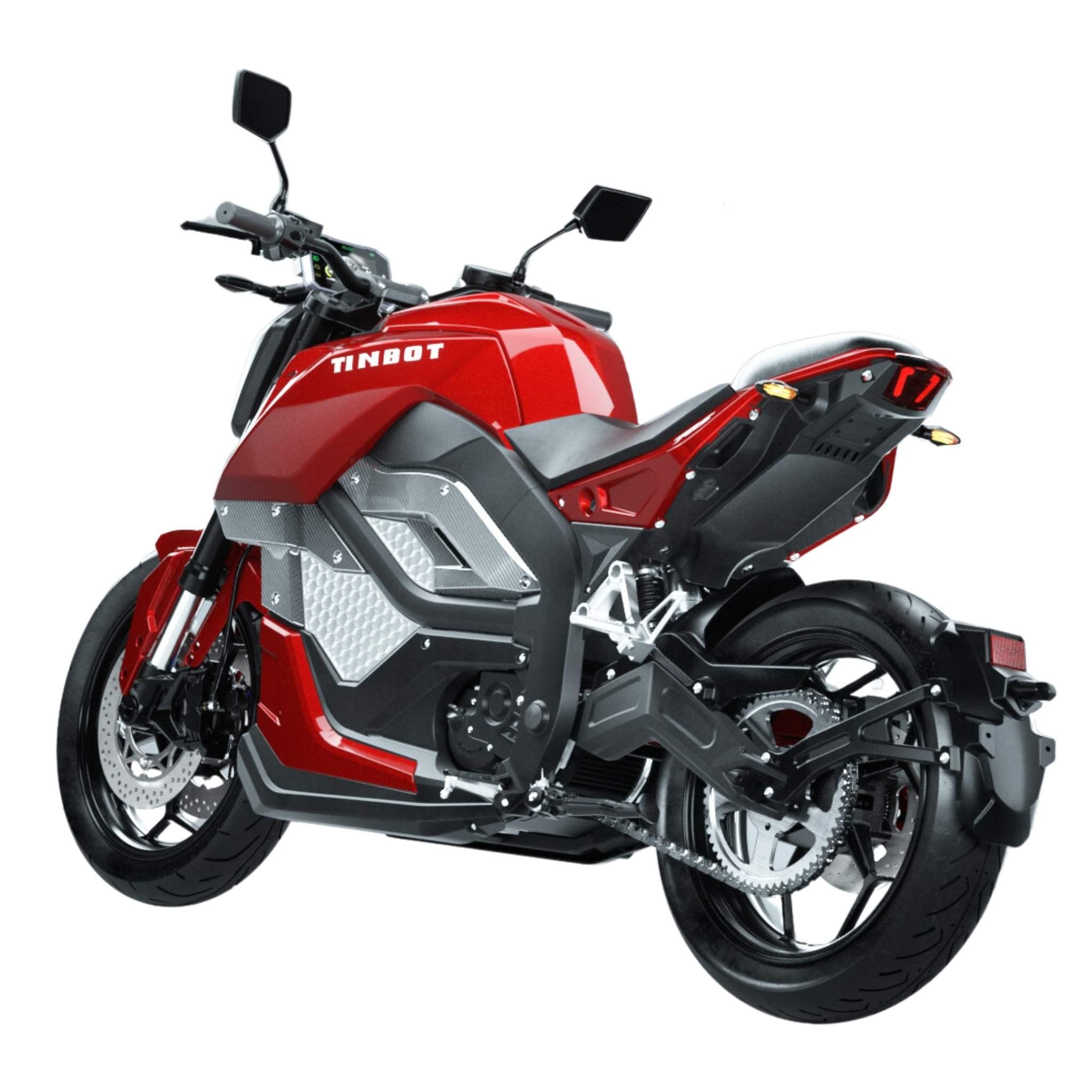 Das Tinbot TB-RS1 E-Motorrad, ein neues Modell in Rot und Schwarz mit auffälligem "Tinbot"-Schriftzug, zeichnet sich durch große Räder und aerodynamische Linien aus und erreicht eine Höchstgeschwindigkeit von 120 km/h - hier von hinten gezeigt, um sein schlankes, modernes Design hervorzuheben.