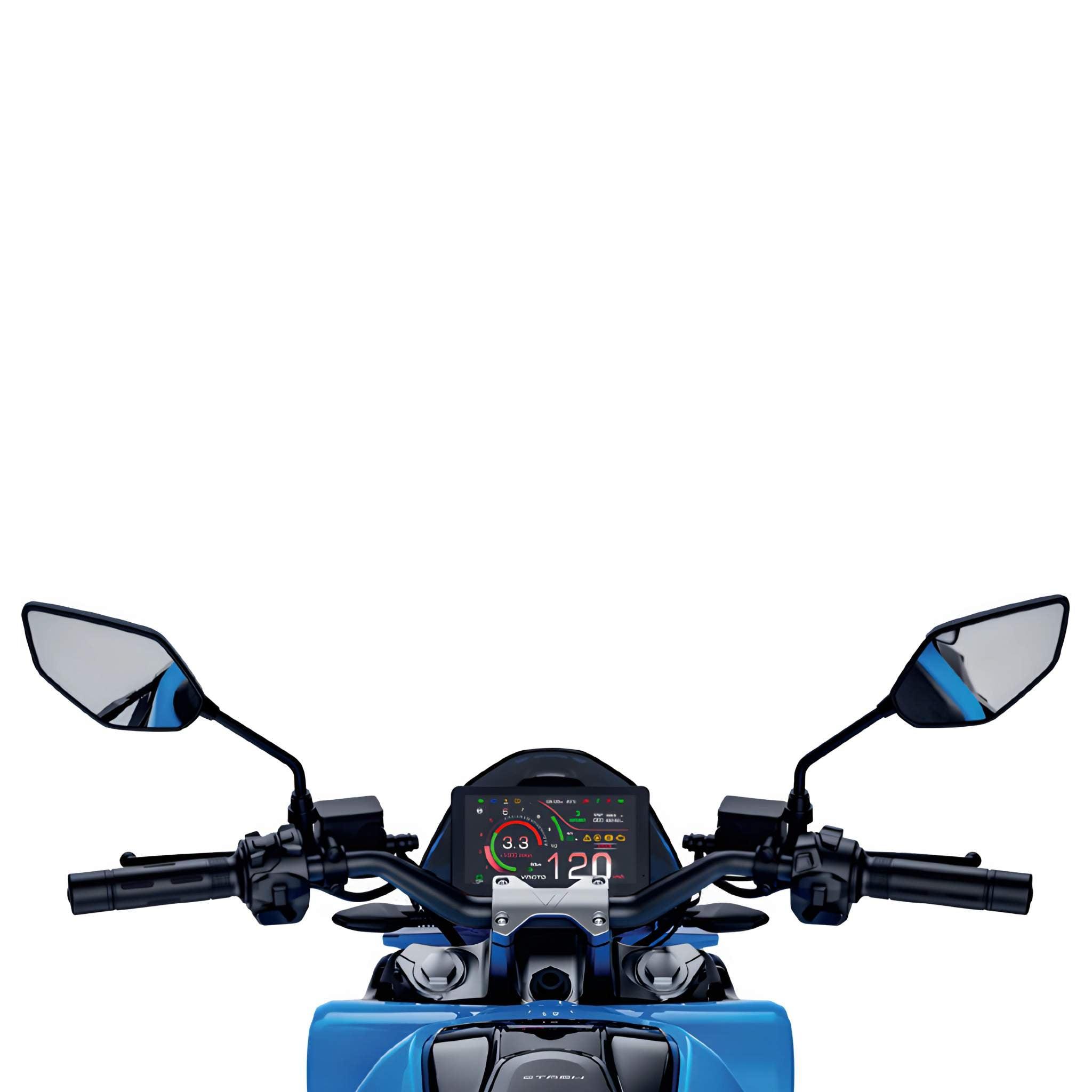 Blick hinter den Lenker eines blauen VMOTO Elektro Motorrad Stash 120 km/h, mit digitaler Anzeige auf dem Armaturenbrett, Rückspiegeln und Bedienelementen am Lenker vor einem weißen Hintergrund.