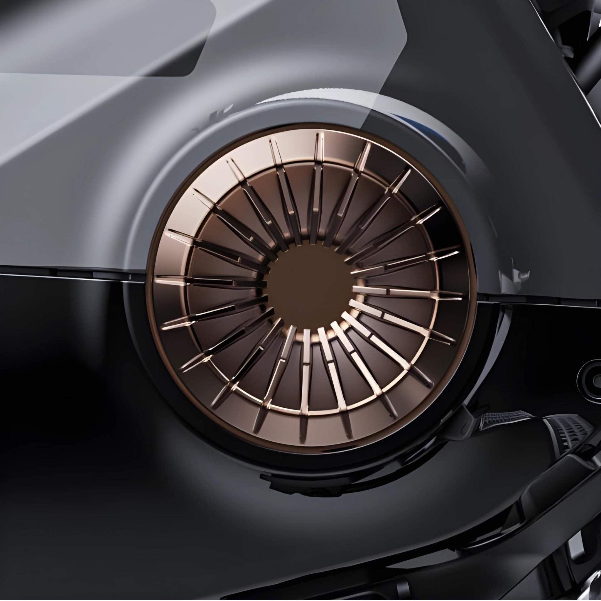 Nahaufnahme eines metallischen, kreisförmigen Industrieteils mit bronzenen Speichen in einem dunklen, glänzenden Gehäuse, das an das fortschrittliche Design des VMOTO Stash 120 km/h Elektro Motorrad by VMOTO erinnert.