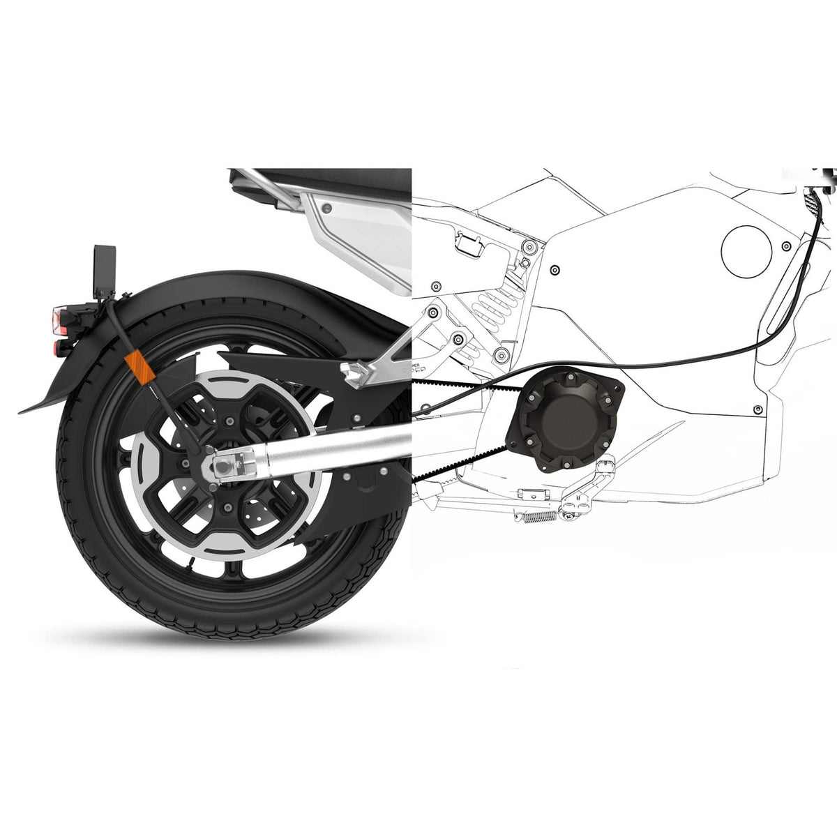 Das Bild zeigt ein Hinterrad des E-Motorrads VMOTO SUPER SOCO TC MAX 95 km/h, wobei die linke Hälfte vollständig gerendert und die rechte Hälfte als technische Strichzeichnung dargestellt ist. Diese detaillierte Darstellung verdeutlicht den Übergang von einer realistischen Ansicht zu einer technischen Skizze und verbindet nahtlos ästhetisches Design mit von der Elektrotechnik inspirierter technischer Präzision.