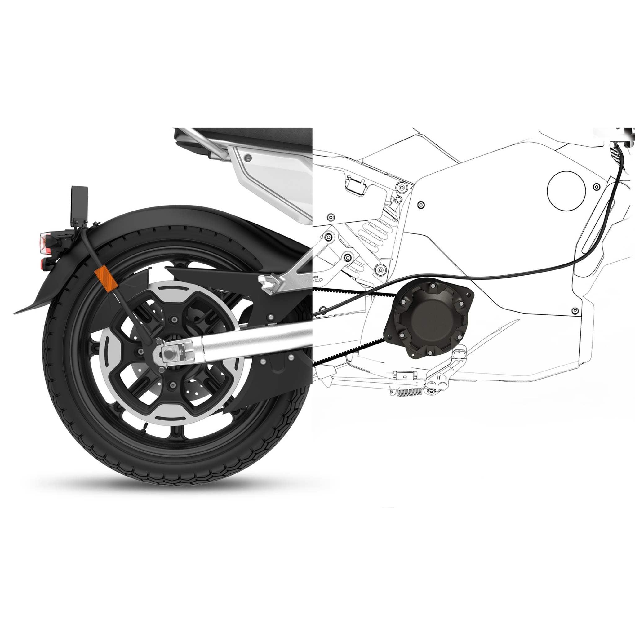 Die linke Seite des SUPER SOCO TC MAX 95 km/h E-Motorrad Hinterrads und Rahmens von Super Soco ist in Farbe dargestellt, während die rechte Seite als technische Strichzeichnung erscheint.