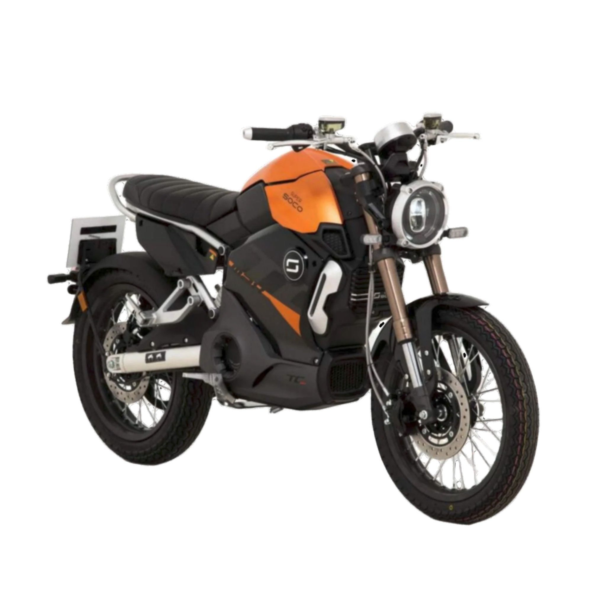 Das Super Soco E-Motorrad TC MAX 95 km/h hat eine orange-schwarze Karosserie, einen runden Scheinwerfer, Speichenräder und ein sportliches Design, hier auf einem schlichten weißen Hintergrund.