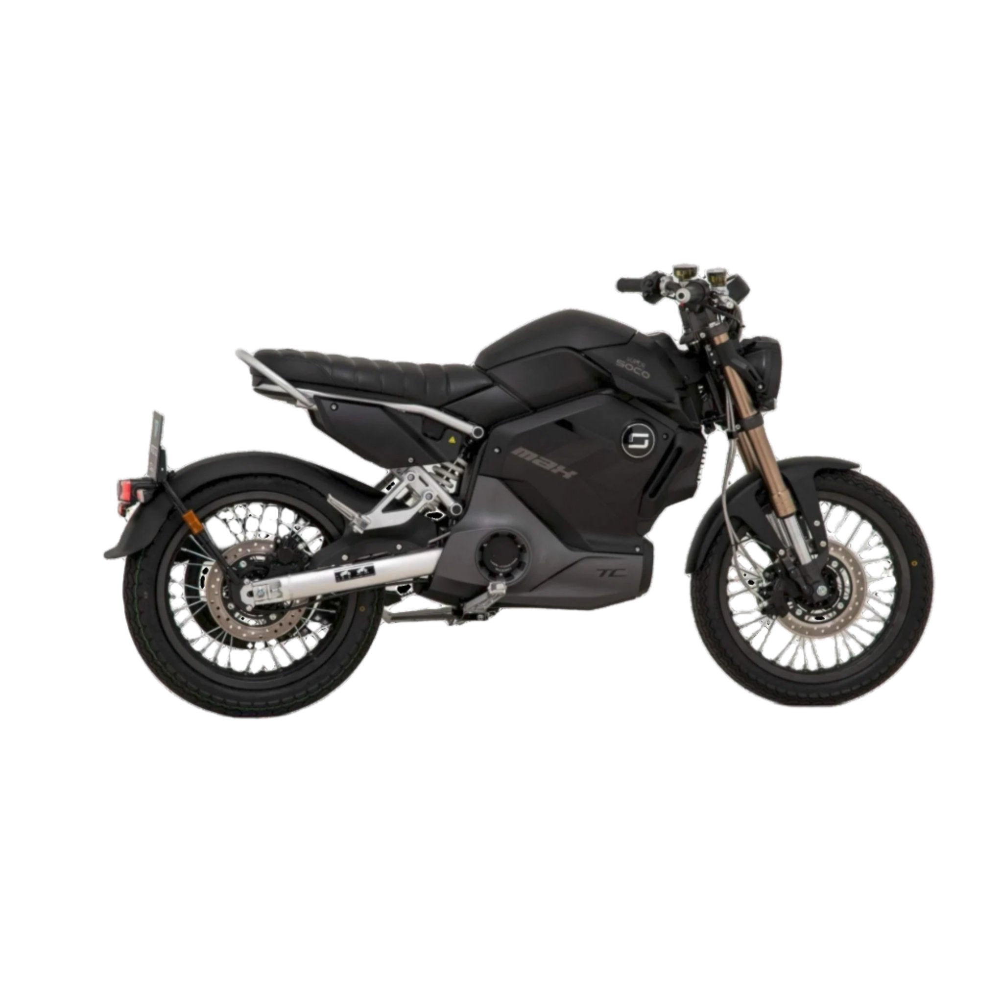 Ein schwarzes E-Motorrad SUPER SOCO TC MAX 95 km/h von Super Soco mit minimalistischem Design, freiliegender Aufhängung und Speichenrädern wird in der Seitenansicht auf weißem Hintergrund gezeigt.