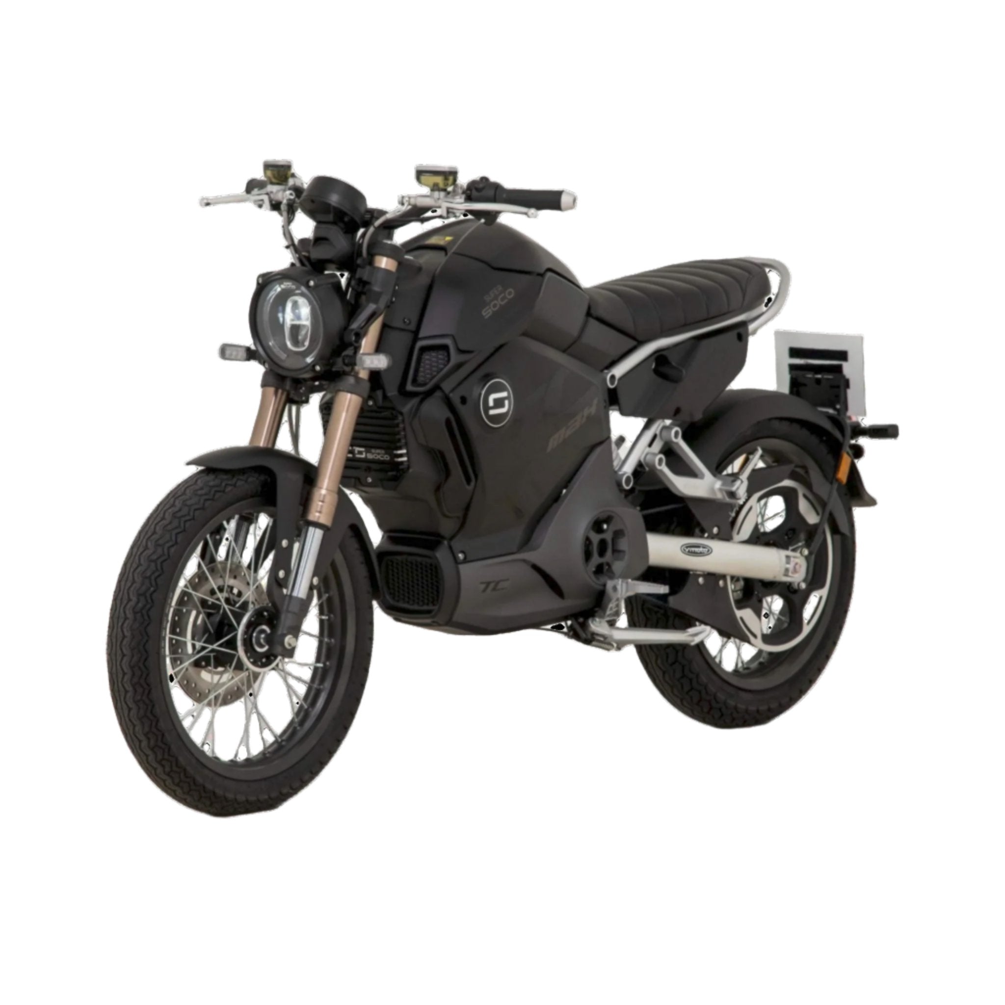 Das Super Soco E-Motorrad TC MAX 95 km/h, in modernem Schwarz, hat einen runden Scheinwerfer, Drahtspeichenräder und ein minimalistisches Design. Es steht schräg rechts auf einem weißen Hintergrund.