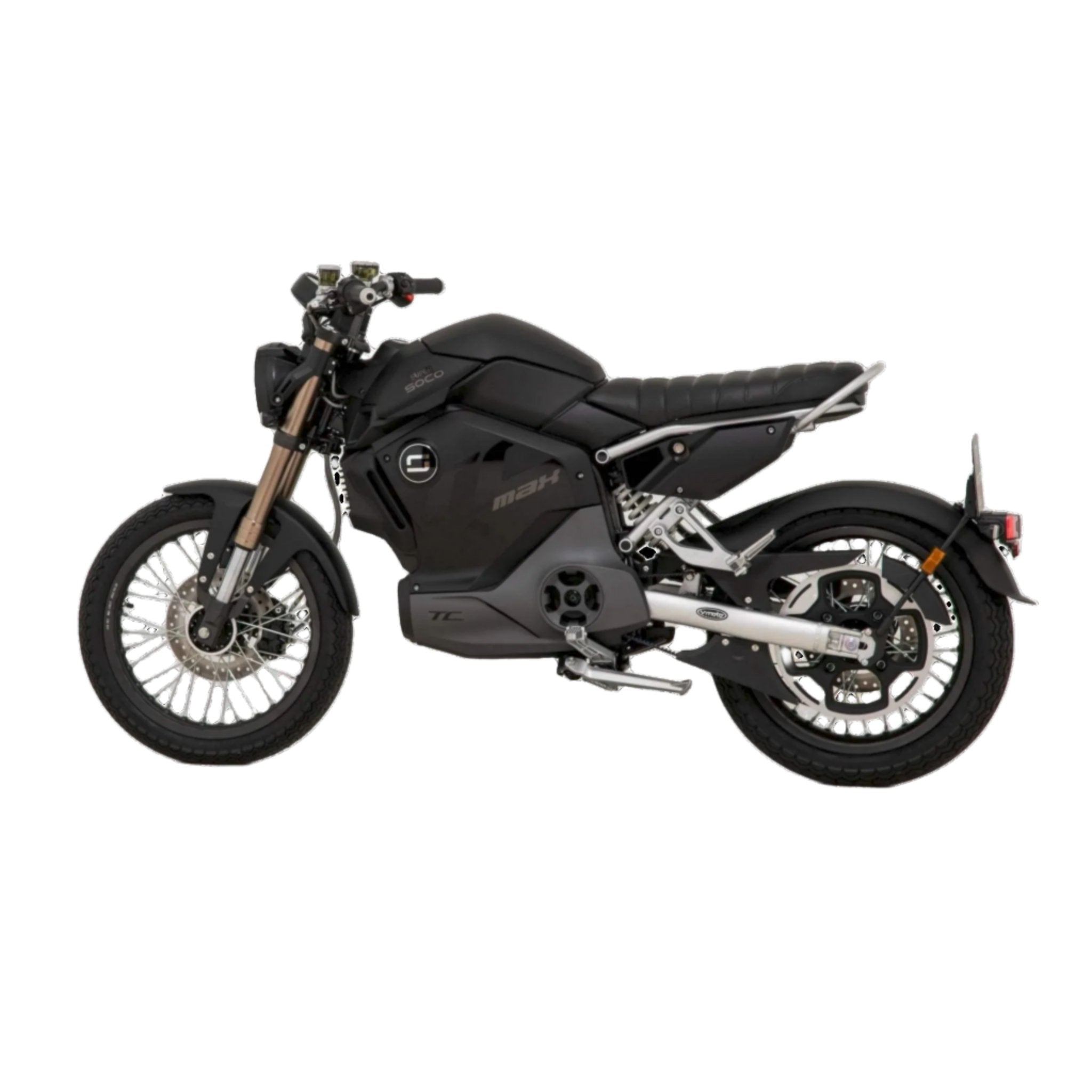 Seitenansicht eines mattschwarzen Super Soco E-Motorrads SUPER SOCO TC MAX 95 km/h mit Retro-Design, Speichenrädern, Einzelsitz und silbernen Akzenten, inspiriert von der ursprünglichen TC MAX, isoliert auf weißem Hintergrund.