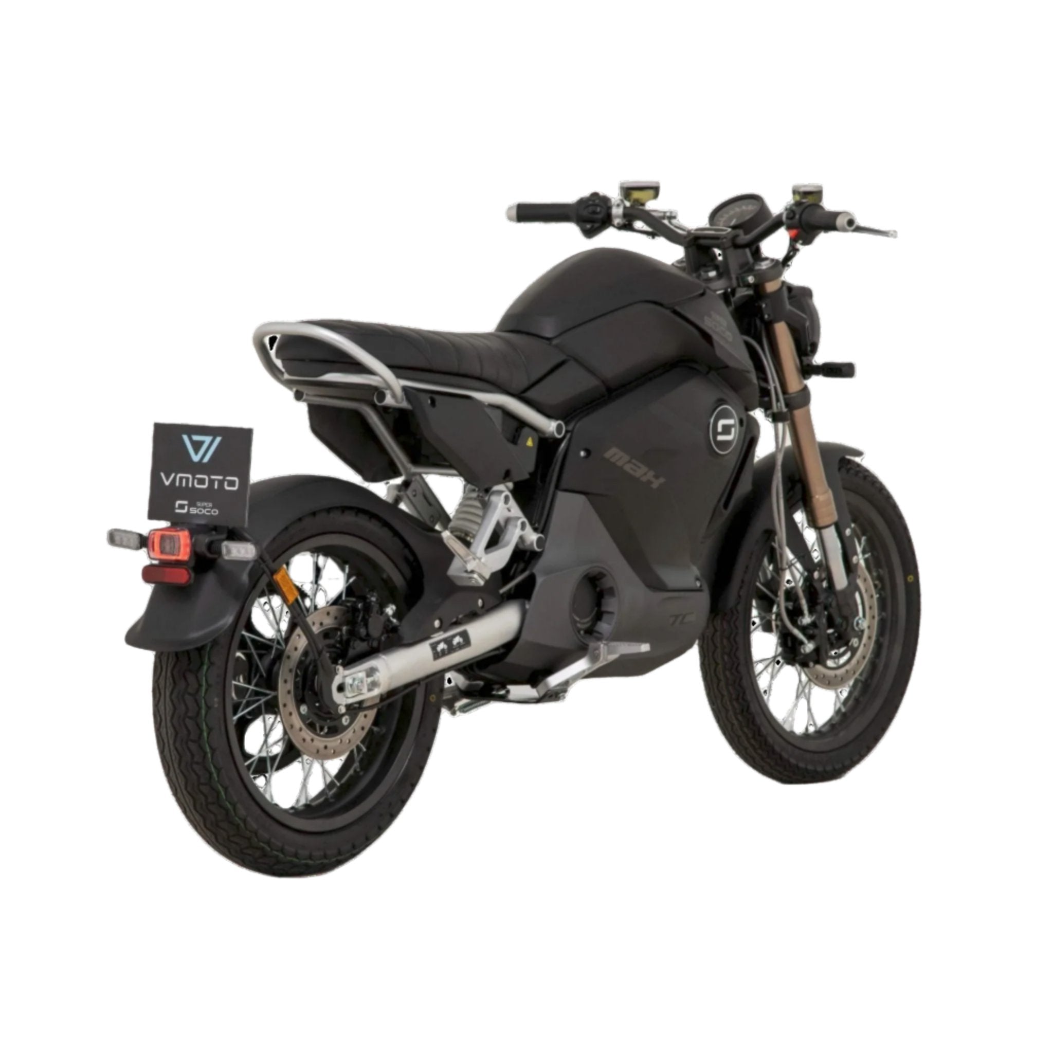 Ein schwarzes Super Soco E-Motorrad TC MAX 95 km/h wird von hinten gezeigt, wobei der Sitz, der Lenker und das hintere Nummernschild vor einem weißen Hintergrund zu sehen sind.