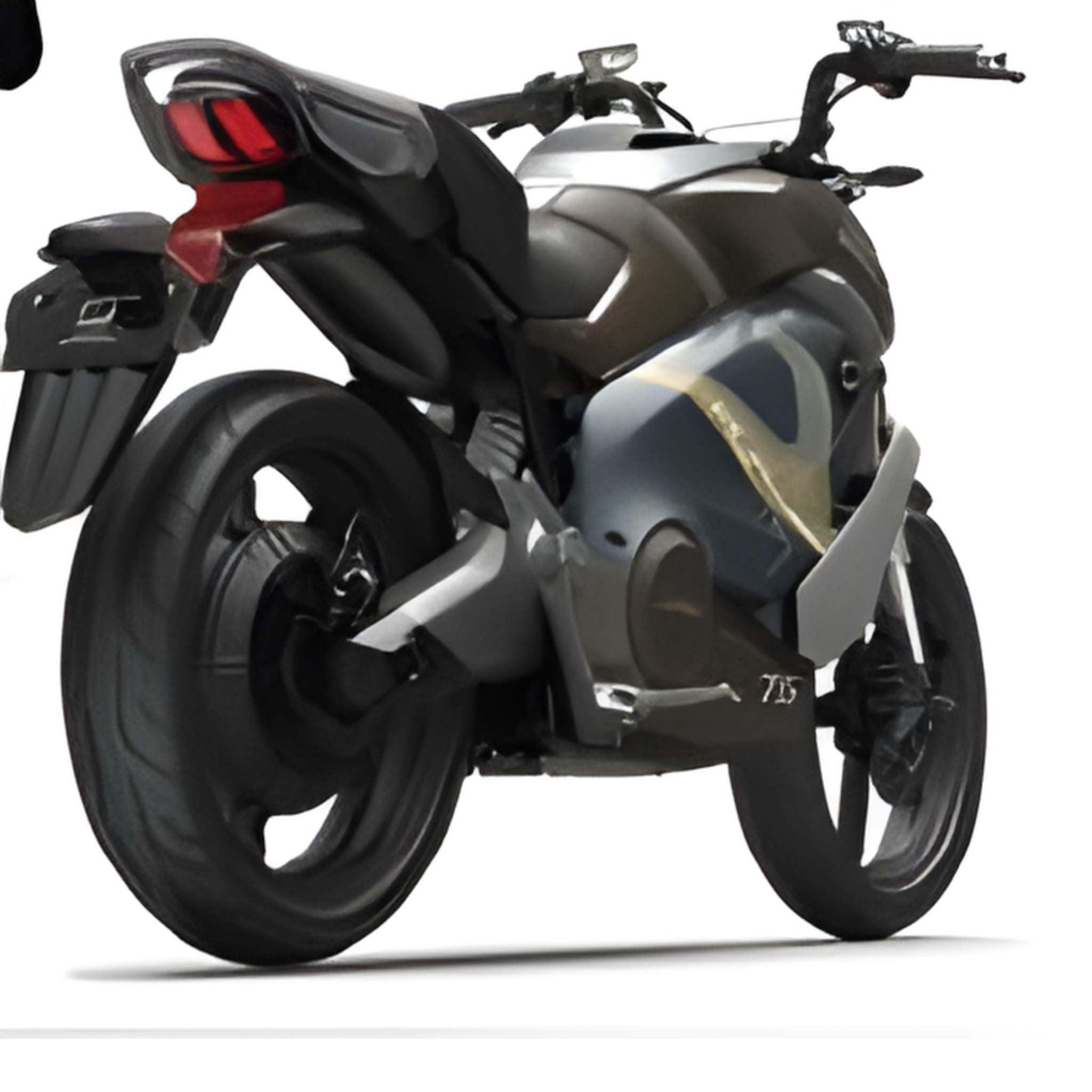 Das Super Soco E-Motorrad TS Streethunter, von hinten links gesehen, zeigt ein stromlinienförmiges, mattschwarzes und graues Design mit scharfem Rücklicht und minimalistischen Details. Höchstgeschwindigkeit: 75 km/h.
