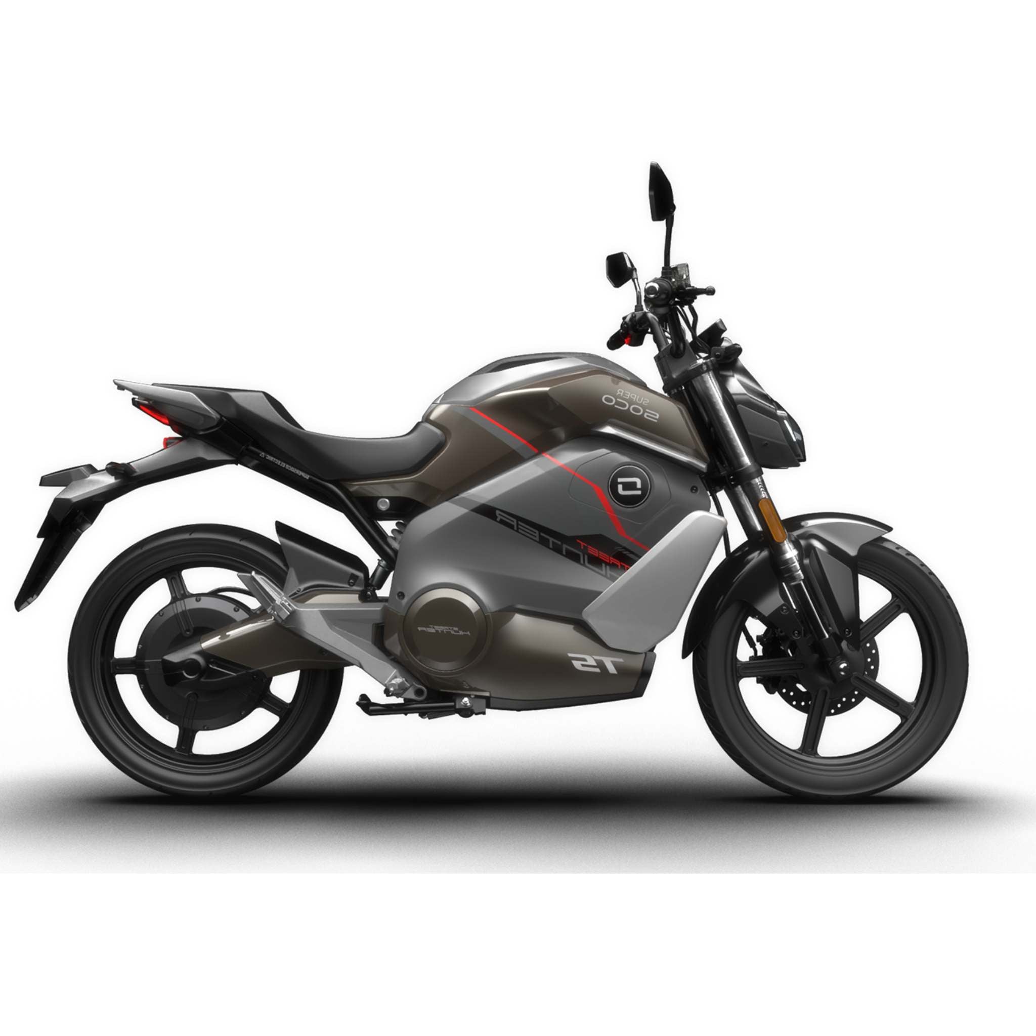Das Super Soco E-Motorrad TS Streethunter hat ein elegantes schwarz-graues Design mit roten Akzenten, sportliche schwarze Räder und erreicht Geschwindigkeiten von bis zu 75 km/h - alles in der Seitenansicht auf einem schlichten weißen Hintergrund.